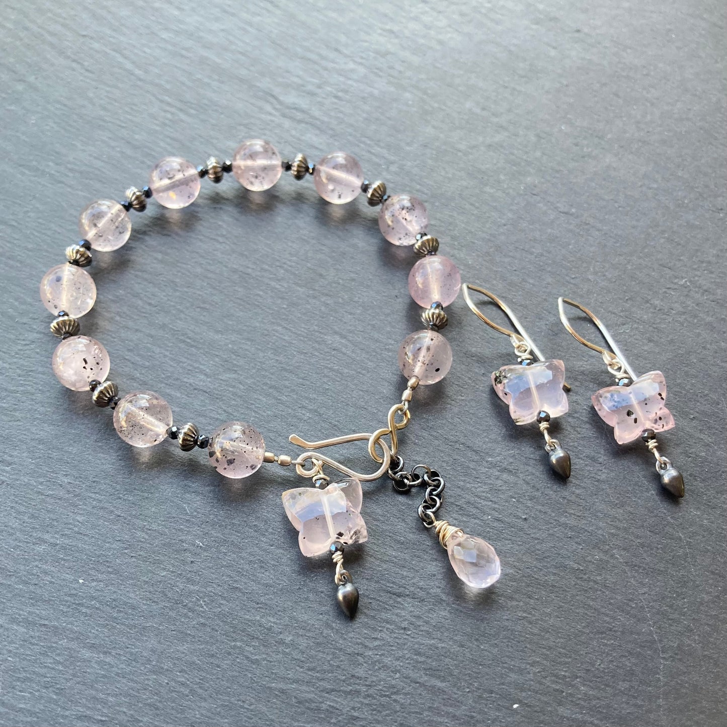 Hematite in Rose Quartz & Sterling Silver Butterfly Charm Bracelet