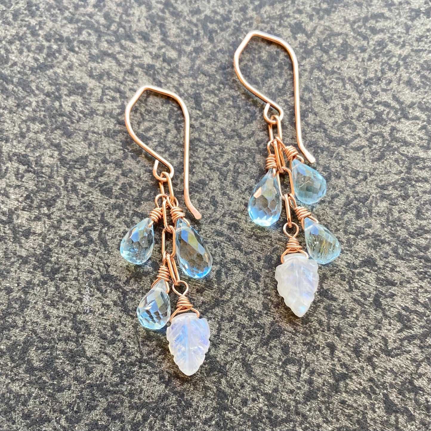Blue Topaz, Rainbow Moonstone & Rose Gold Cascade Earrings