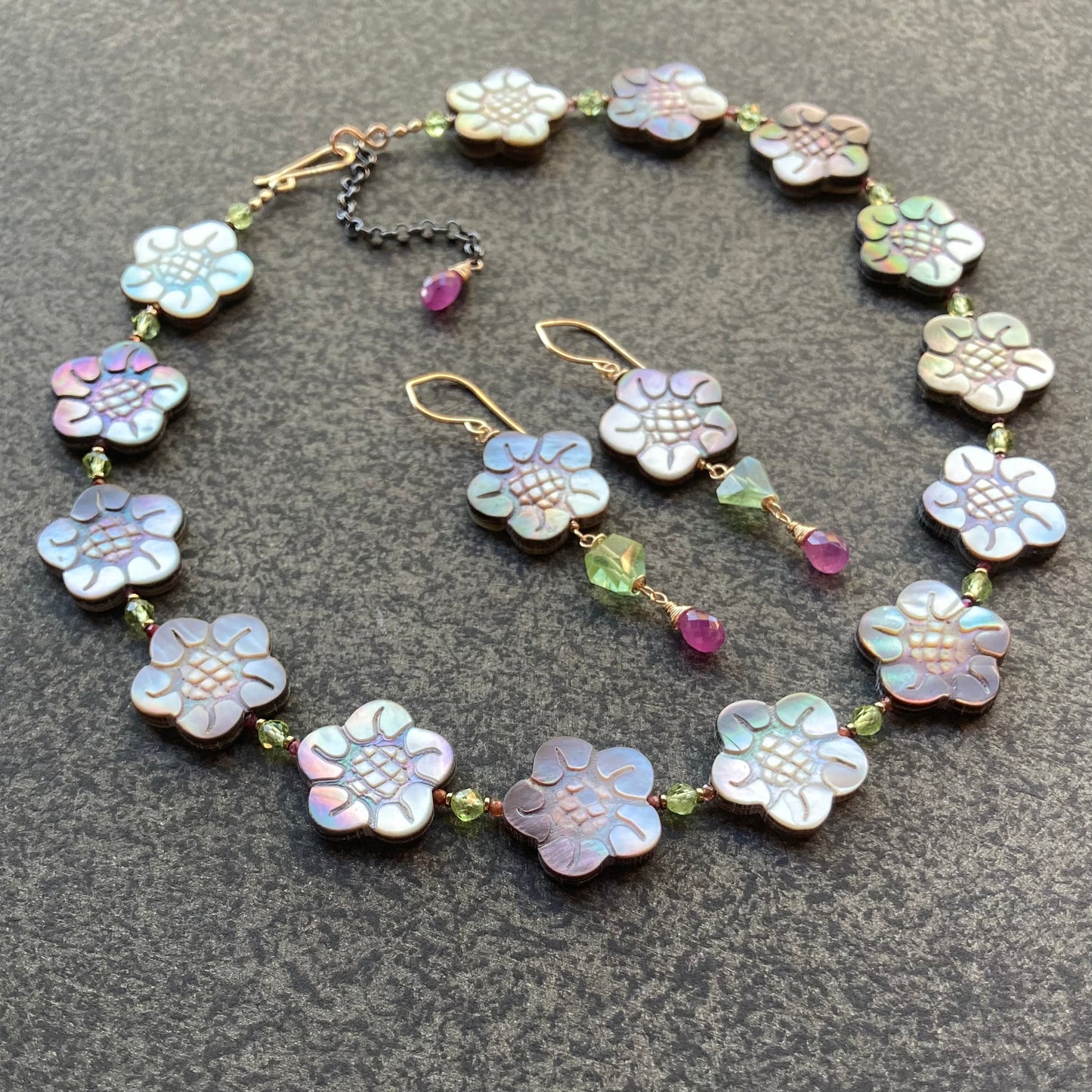 Black Mother of Pearl, Peridot, Ruby & Gold Cherry Blossom Earrings