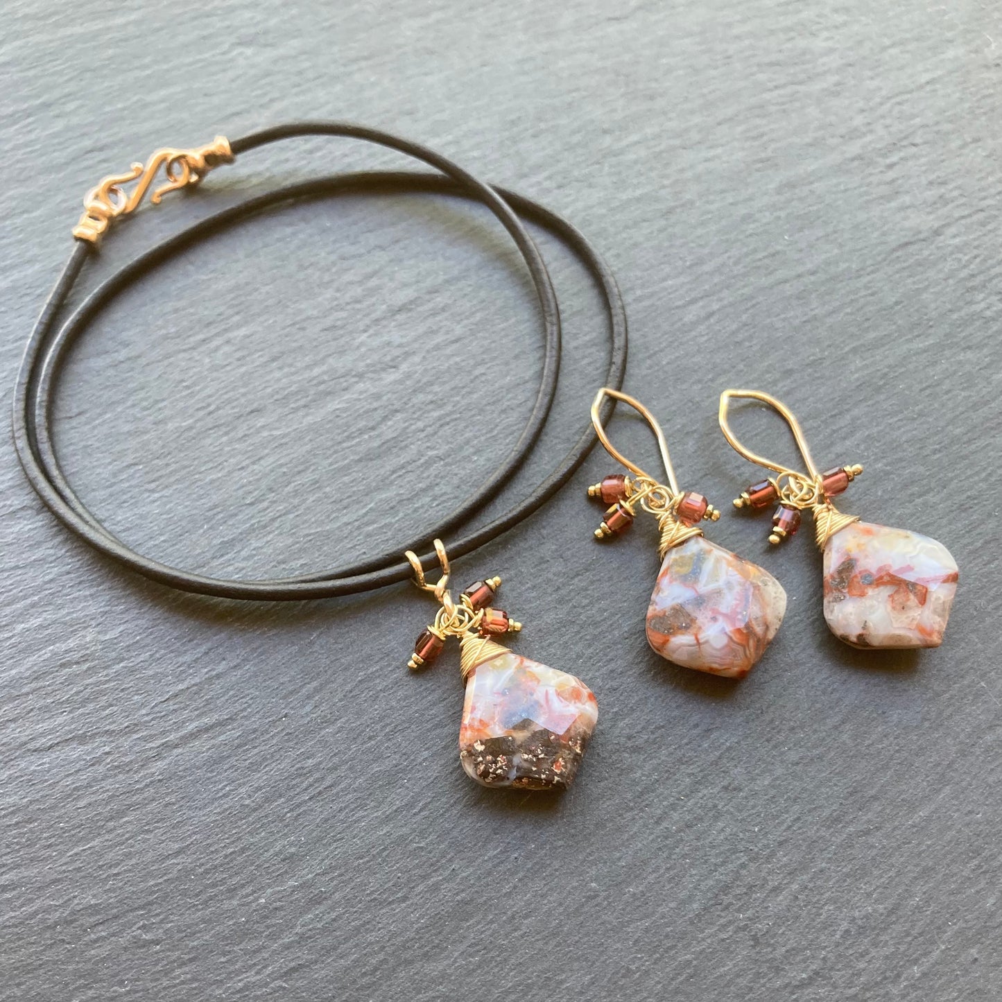 Crazy Lace Agate, Malaya Garnet & Gold Earrings