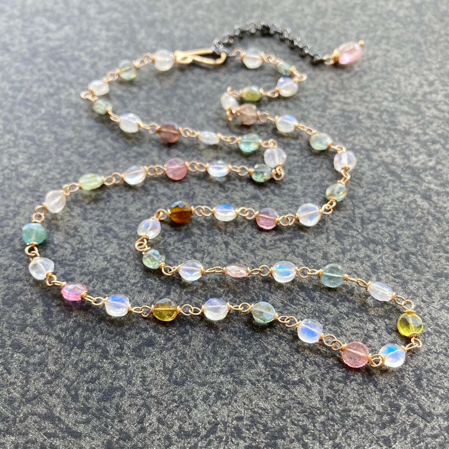 Rainbow Moonstone, Multicolor Tourmaline & Gold Necklace
