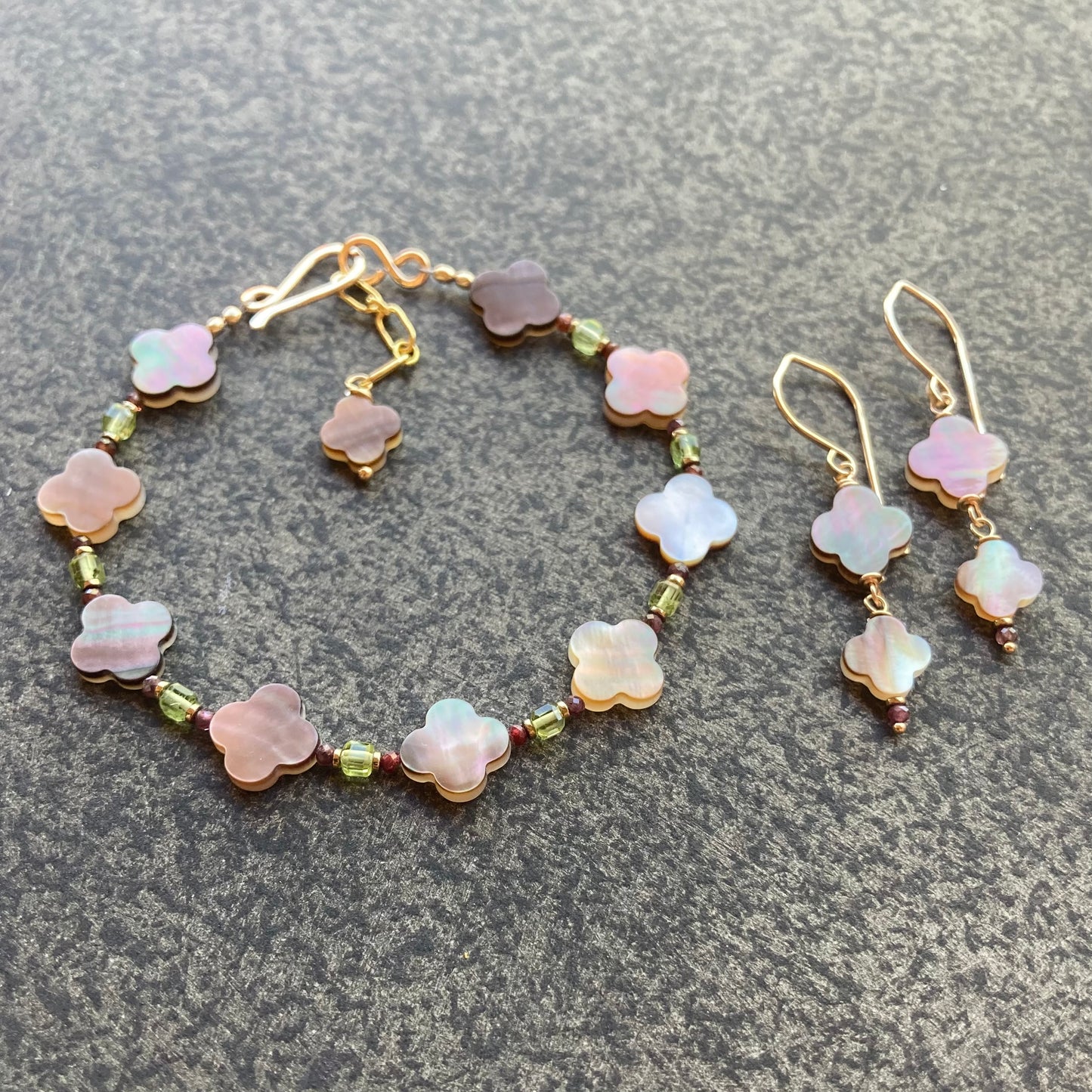 Black Mother of Pearl, Ruby & Gold Clover Earrings