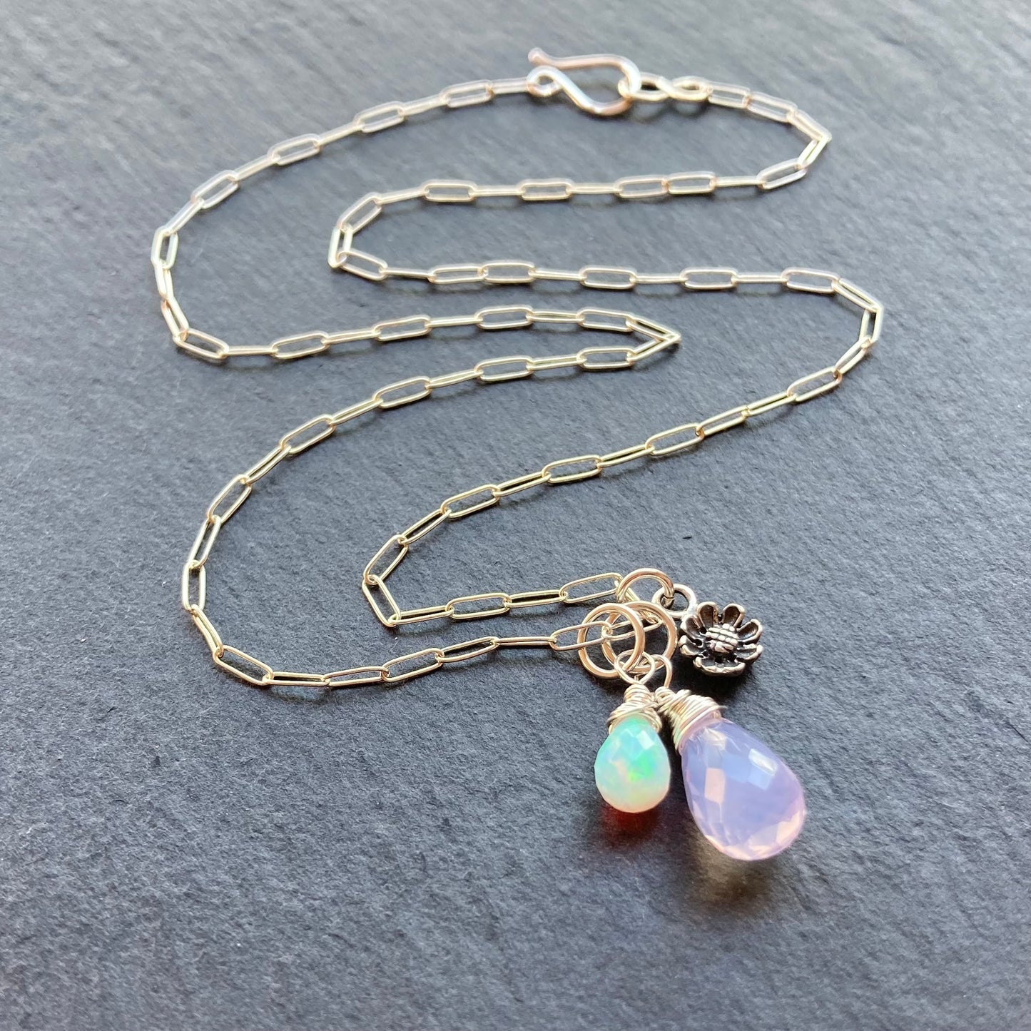 Scorolite, Ethiopian Opal & Sterling Silver Cherry Blossom Charm Necklace