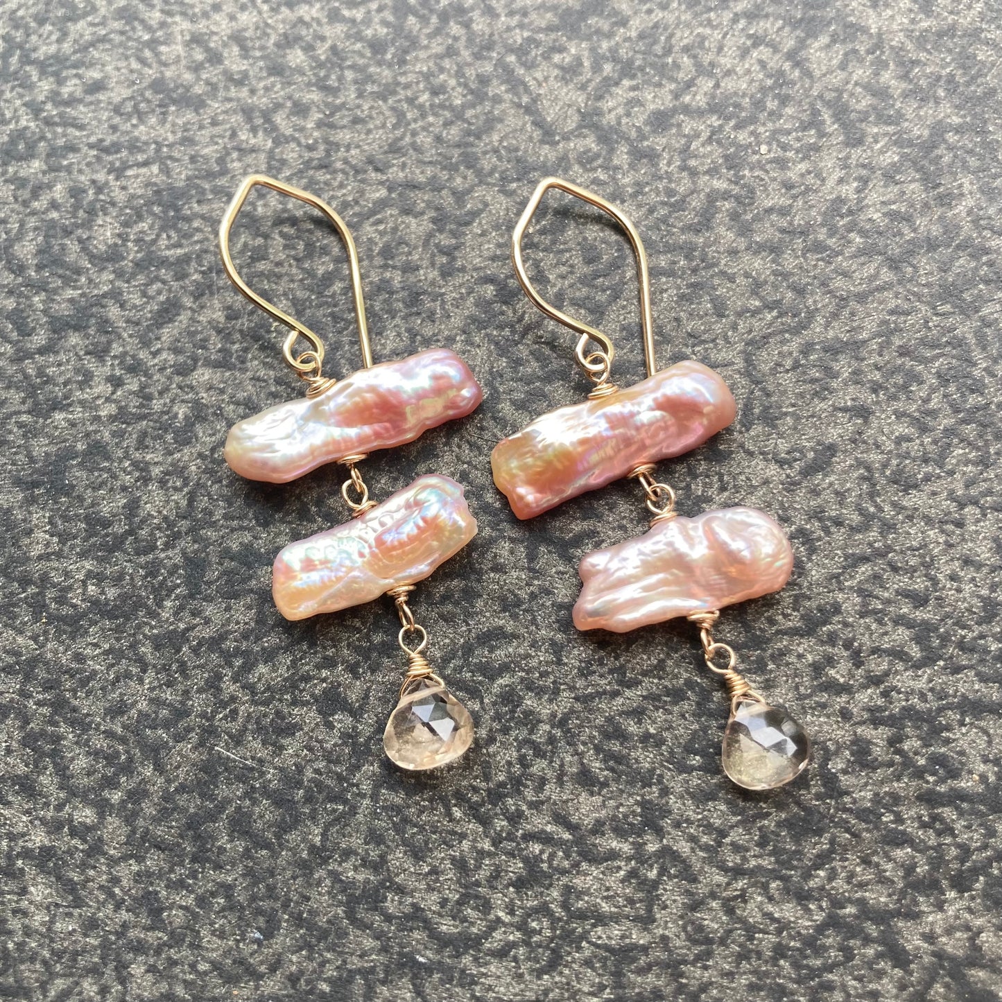 Angel Pink Biwa Pearl, Imperial Topaz & Gold Earrings