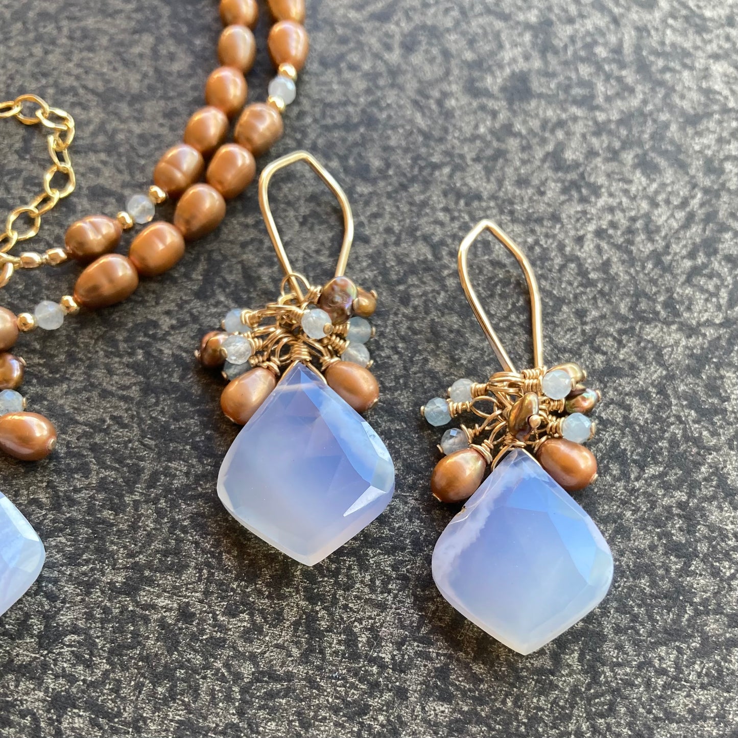 Blue Lace Agate, Copper Freshwater Pearl, Aquamarine & Gold Cluster Earrings