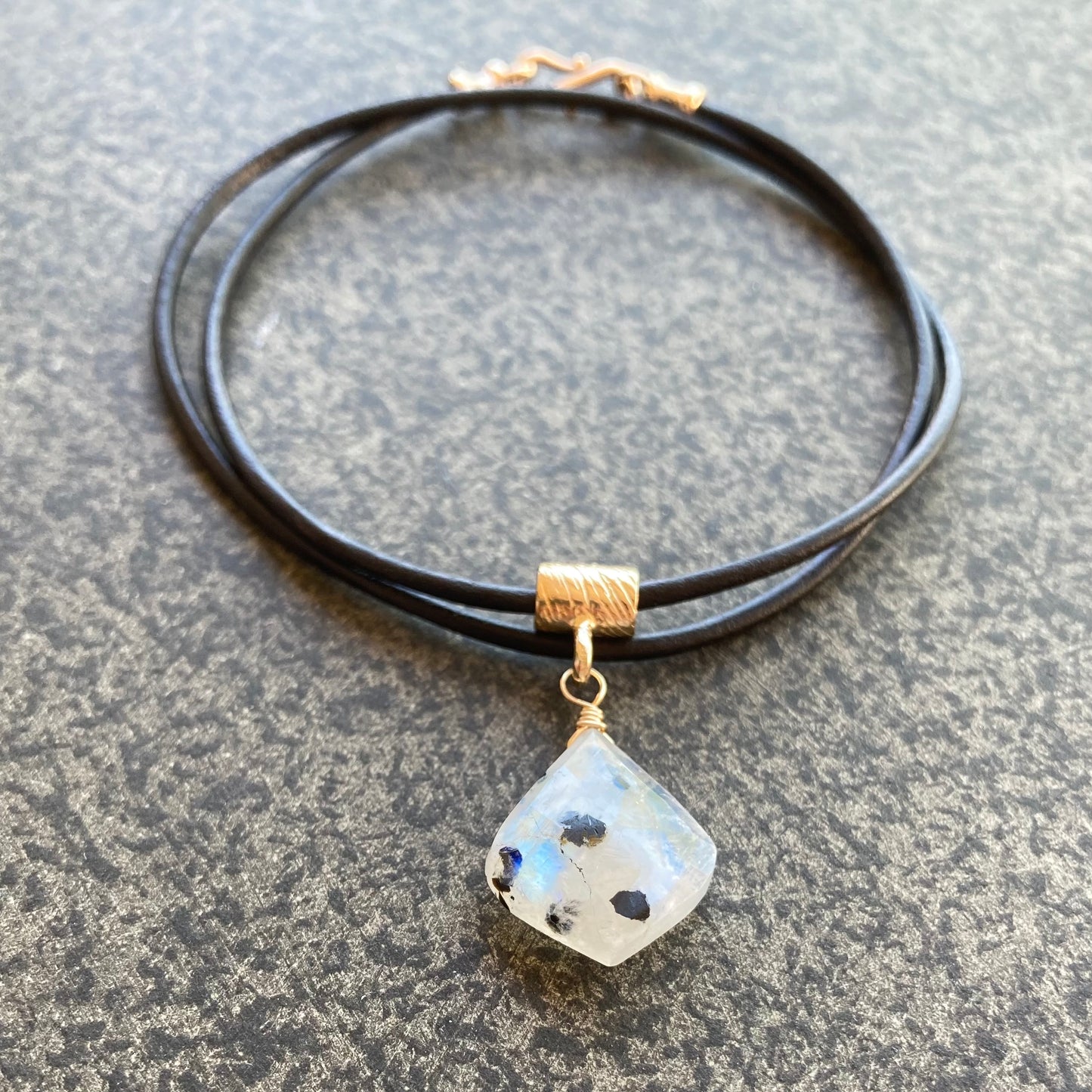 Tourmalinated Rainbow Moonstone & Bronze Leather Choker