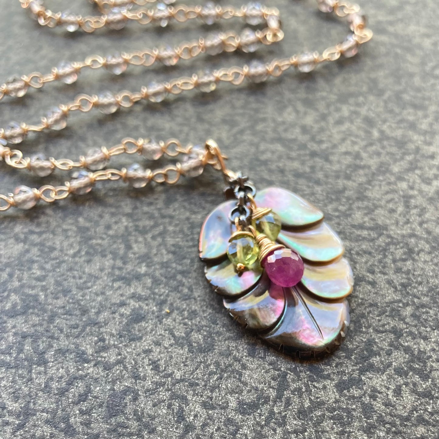 Black Mother of Pearl, Ice Obsidian & Mixed Metal Leaf Pendant Necklace