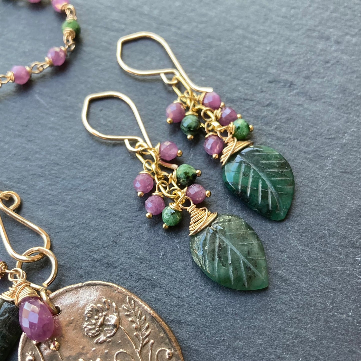 Ruby Zoisite, Gold & Bronze Poppy Garden Pendant Necklace
