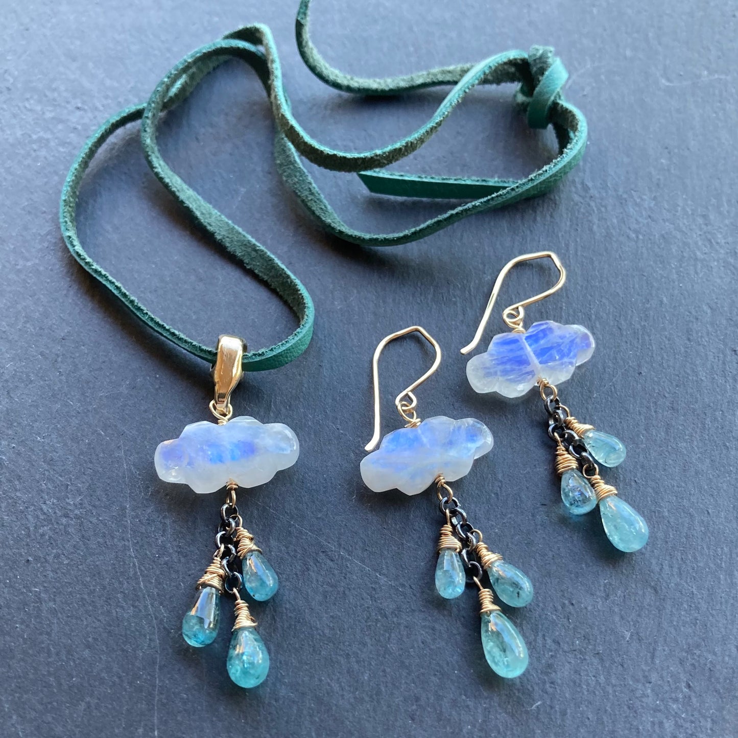 Rainbow Moonstone, Aqua Kyanite & Mixed Metal Monsoon Earrings