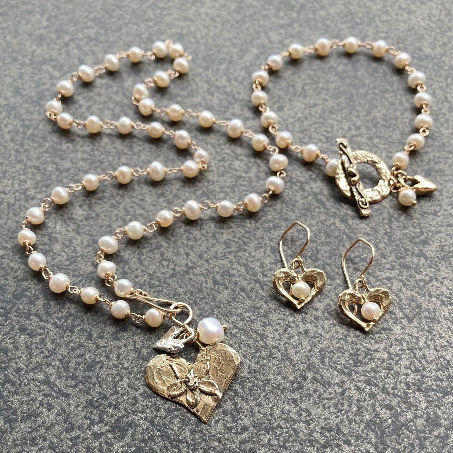 Vintage Freshwater Pearl & Mixed Metal Heart Charm Necklace