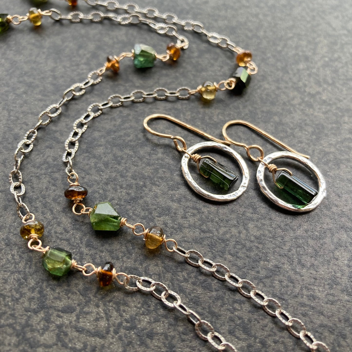 Green Tourmaline & Mixed Metal Hoops