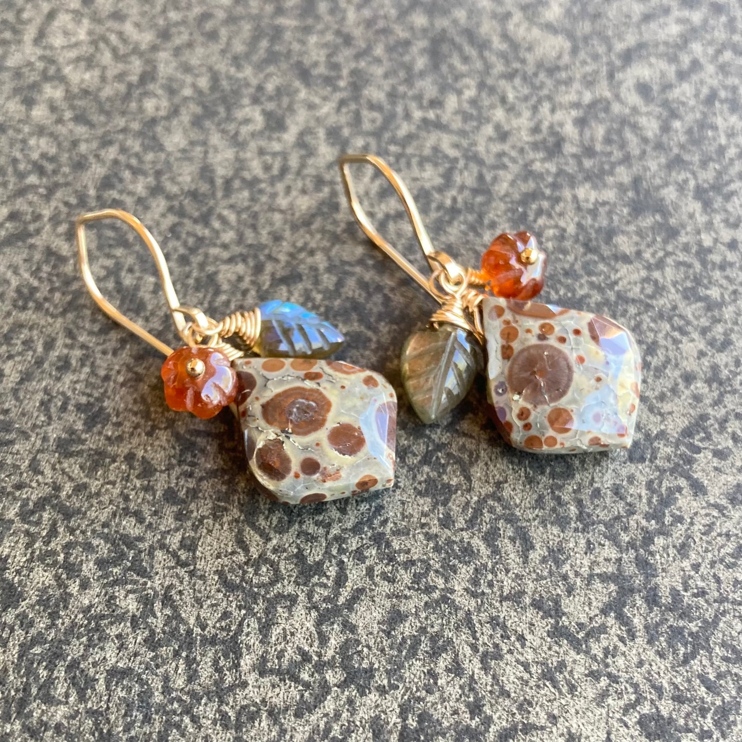Asteroid Jasper, Hessonite, Labradorite & Gold Garden Charm Earrings