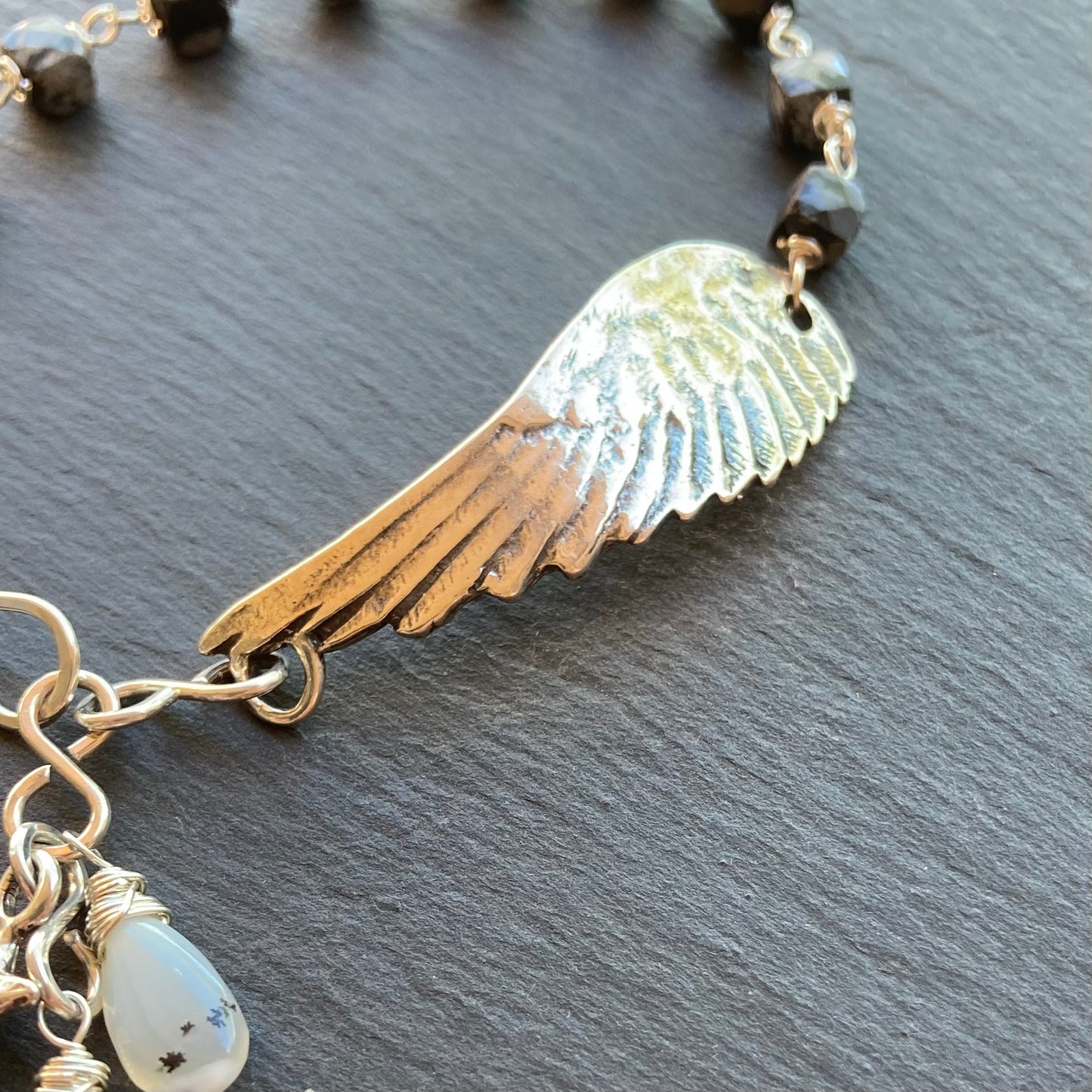 Snowflake Obsidian, Dendritic Opal & Sterling Silver Winged Goddess Bracelet