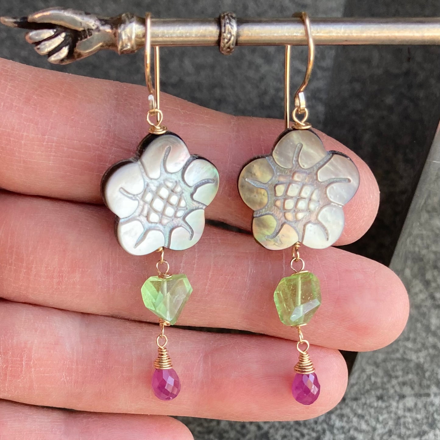 Black Mother of Pearl, Peridot, Ruby & Gold Cherry Blossom Earrings