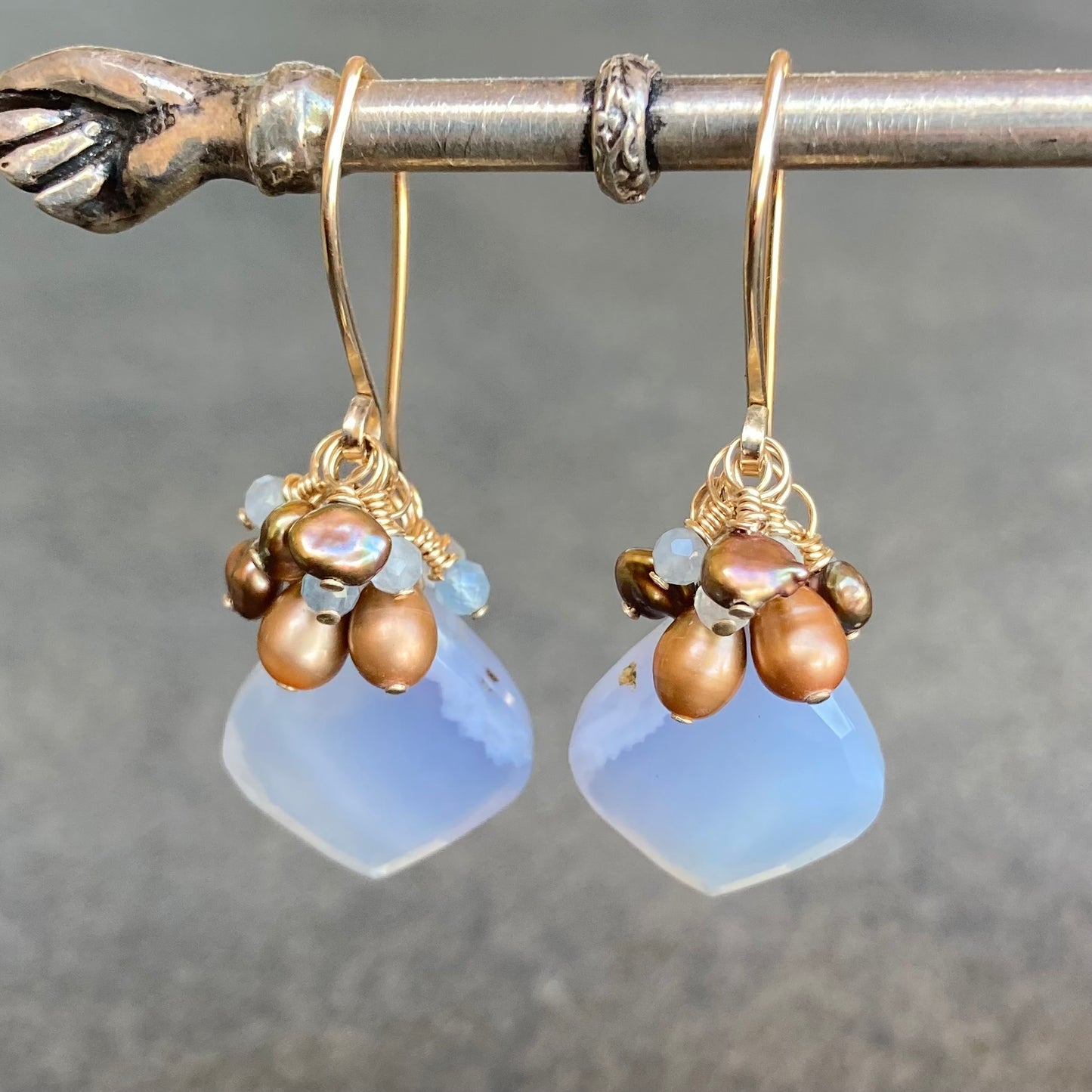 Blue Lace Agate, Copper Freshwater Pearl, Aquamarine & Gold Cluster Earrings