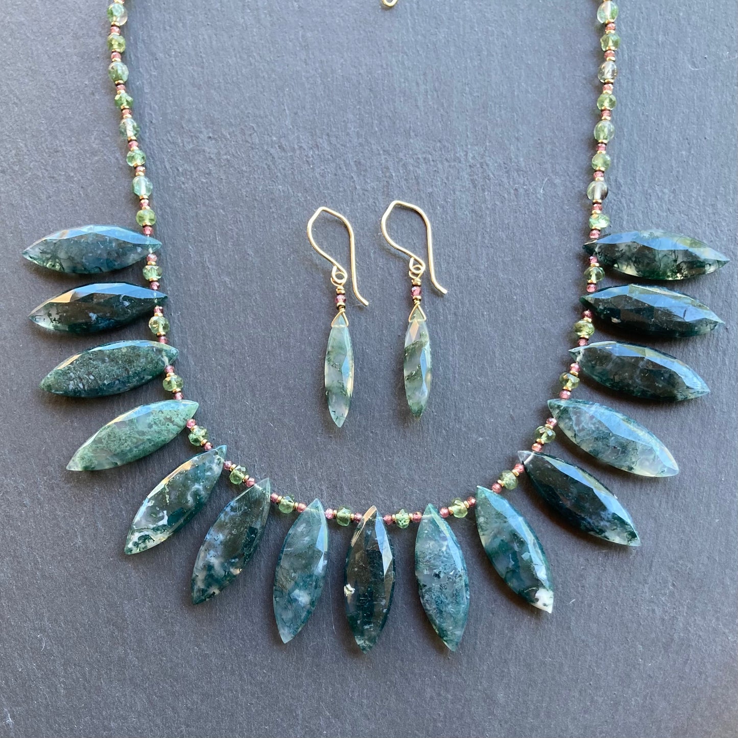 Moss Agate, Apatite, Rhodolite & Pyrite Necklace