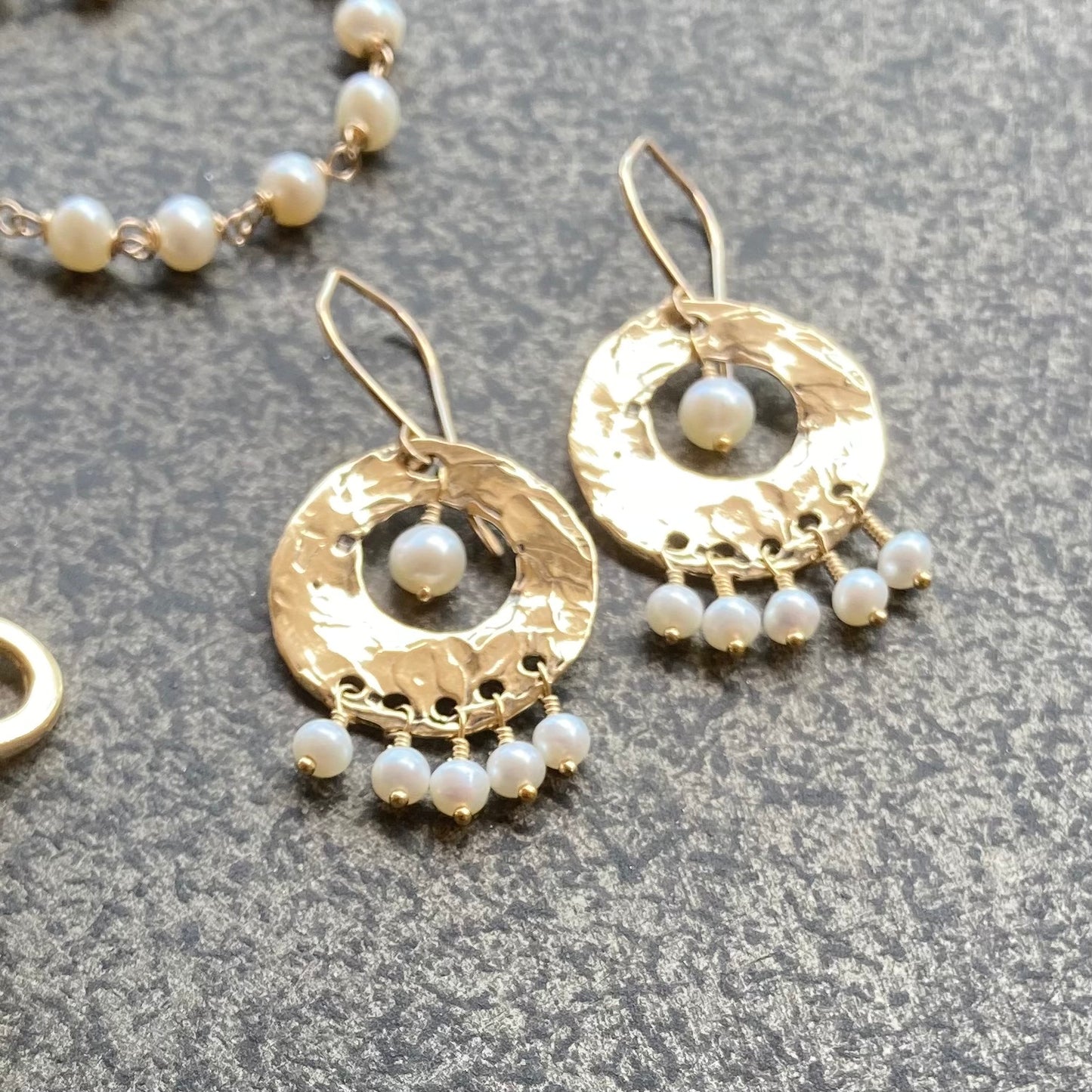 Vintage Freshwater Pearl, Gold & Bronze Fringe Hoops