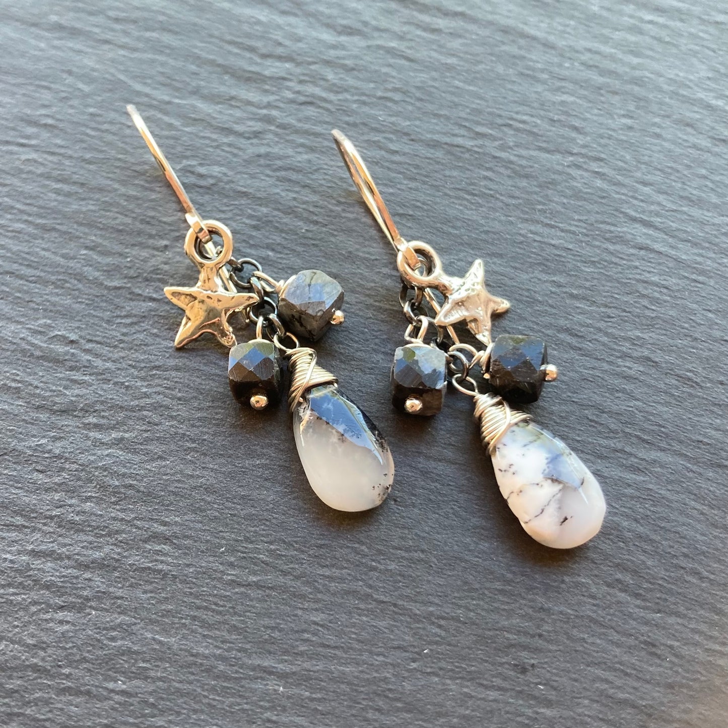 Dendritic Opal, Snowflake Obsidian & Sterling Silver Cascade Earrings