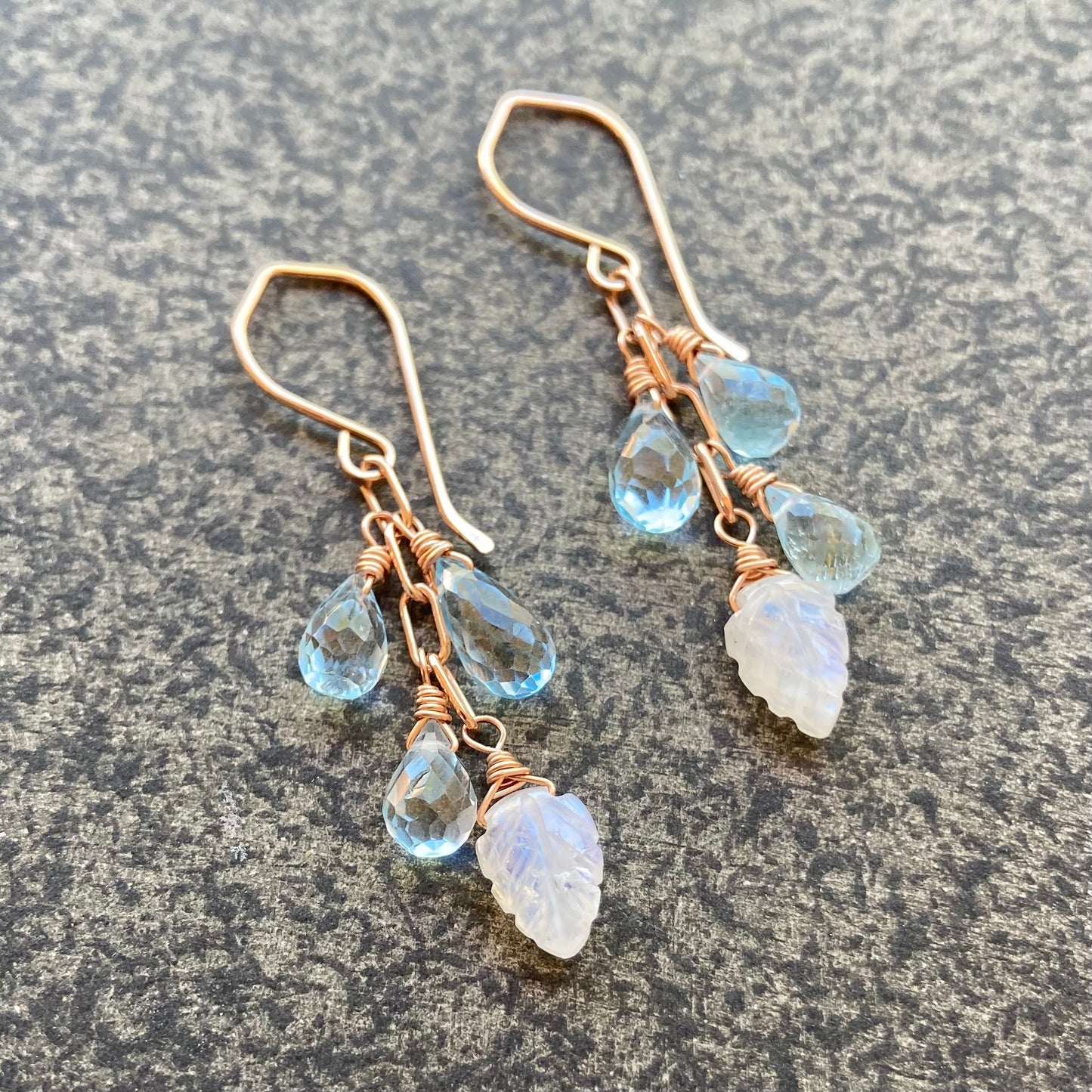 Blue Topaz, Rainbow Moonstone & Rose Gold Cascade Earrings