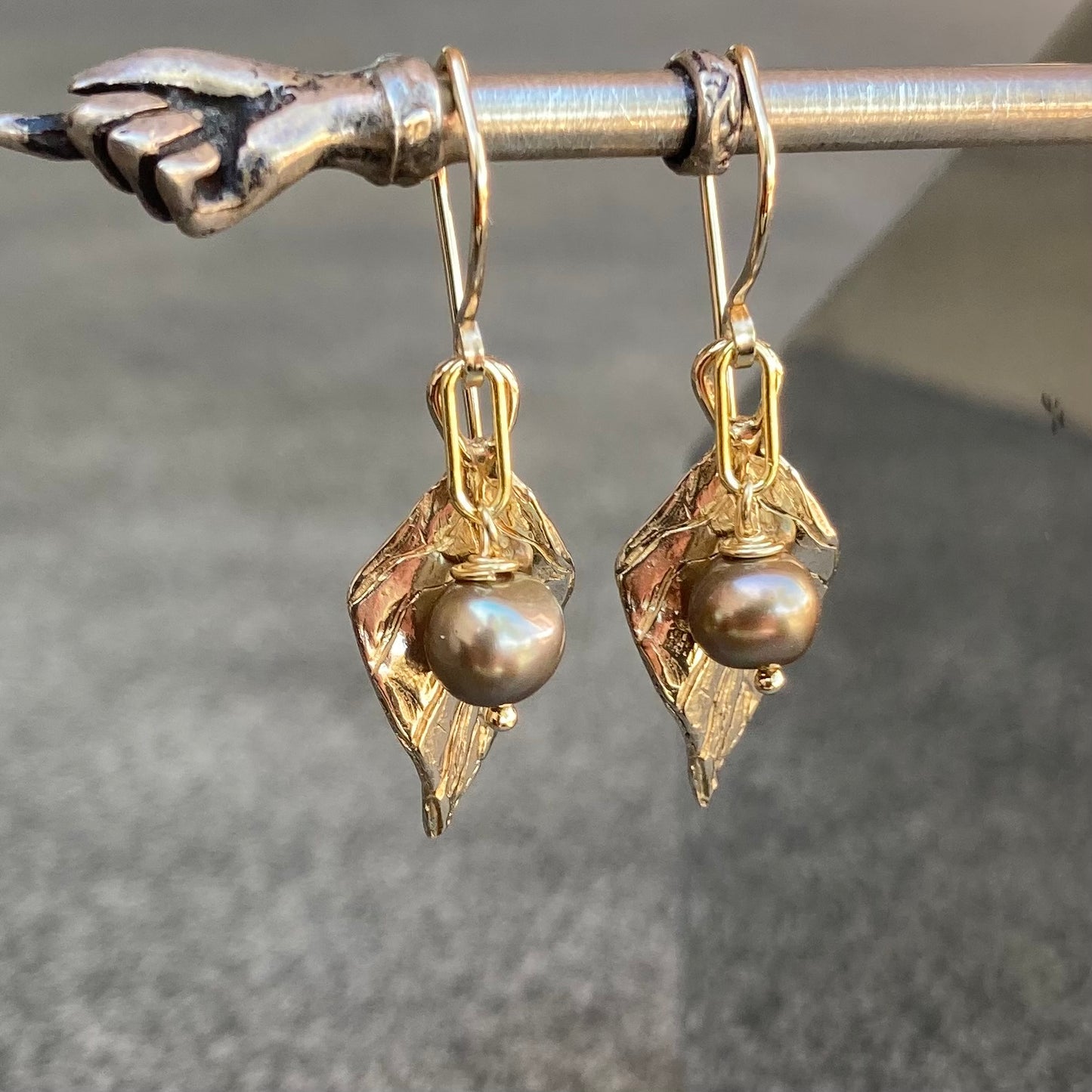 Mocha Freshwater Pearl, Gold & Bronze Leaf Earrings