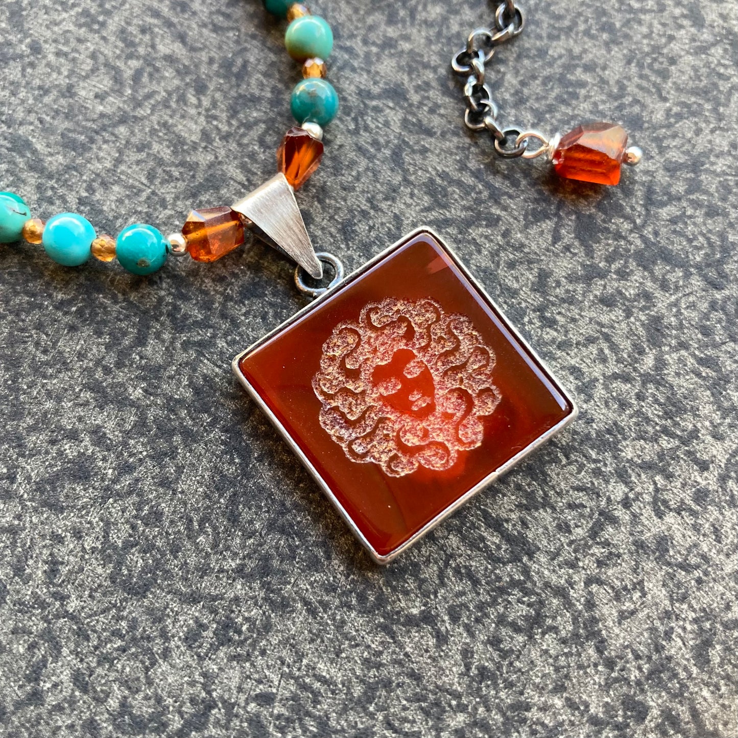 Hubei Turquoise, Hessonite & Sterling Silver Carnelian Medusa Intaglio Pendant Necklace