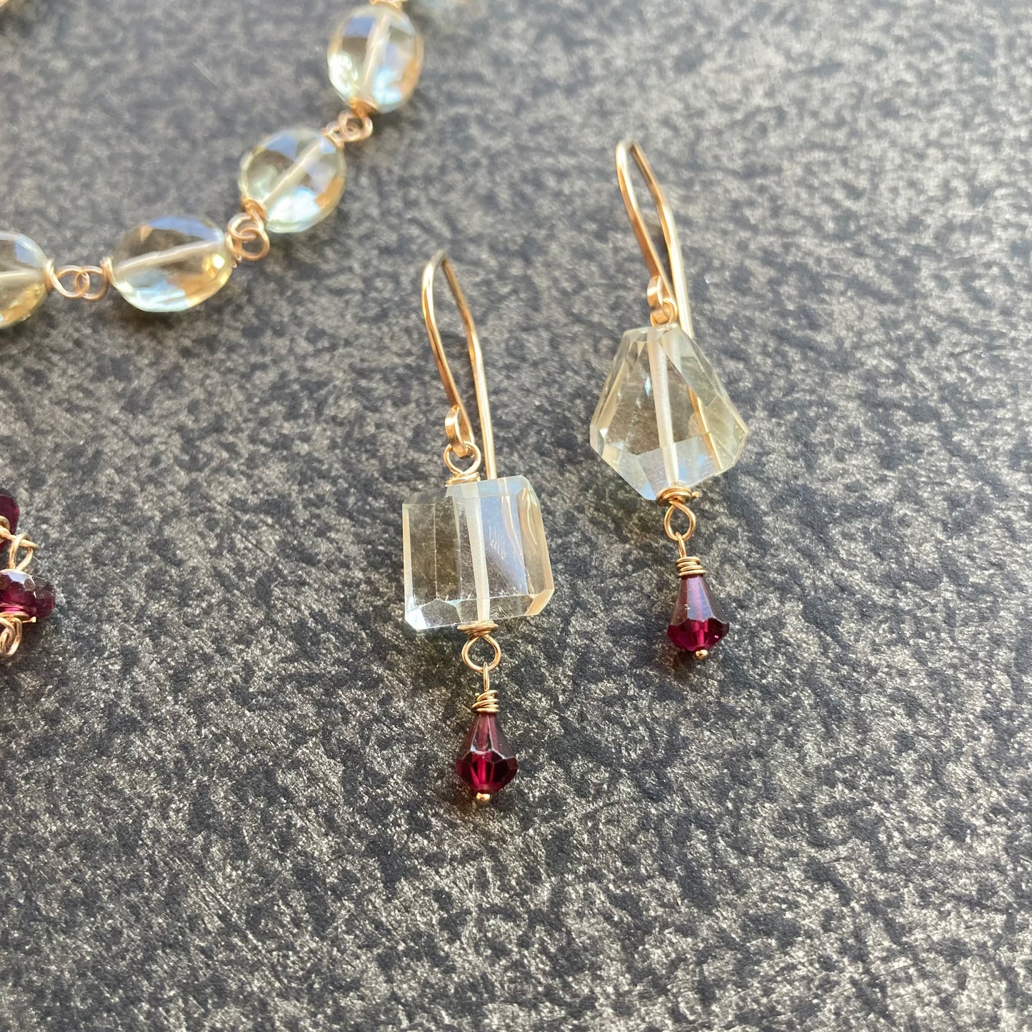 Prasiolite, Rhodolite & Gold Earrings