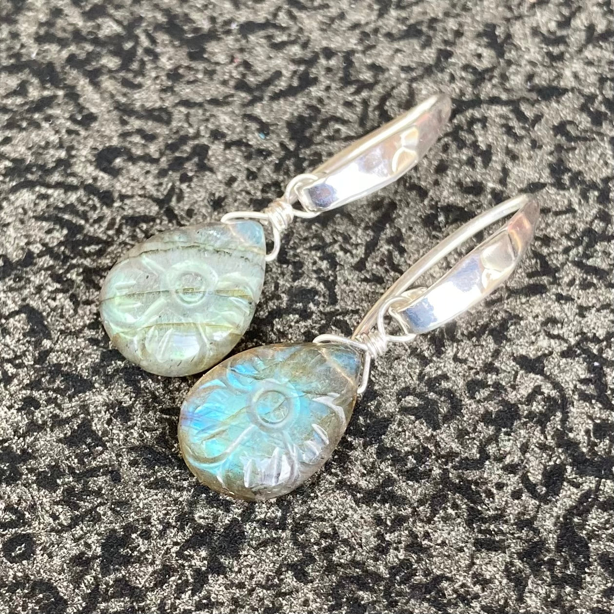 Labradorite Hand Carved Flower & Sterling Silver Marquis Earrings