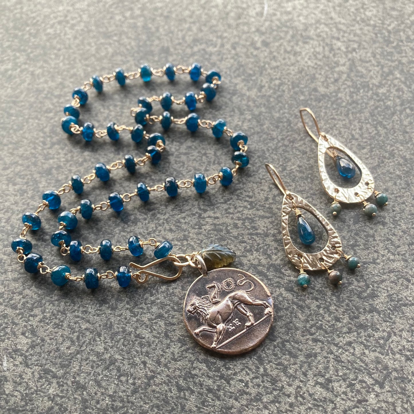 Neon Blue Kyanite, Gold & Bronze Fringe Hoops