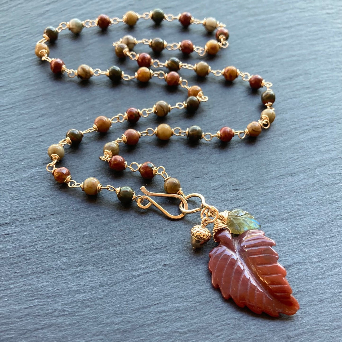 Red Creek Jasper, Gold & Indian Agate Autumn Leaf Pendant Necklace