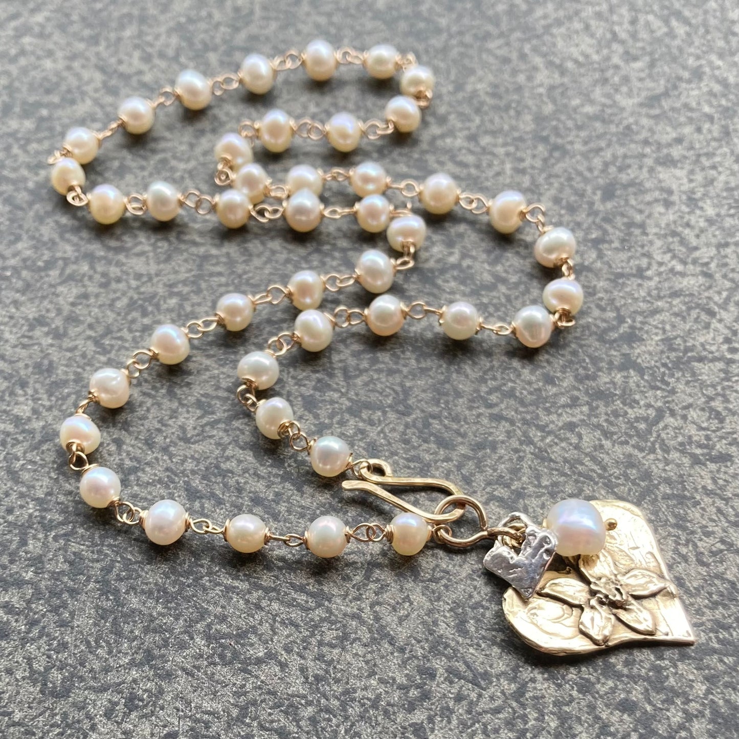 Vintage Freshwater Pearl & Mixed Metal Heart Charm Necklace