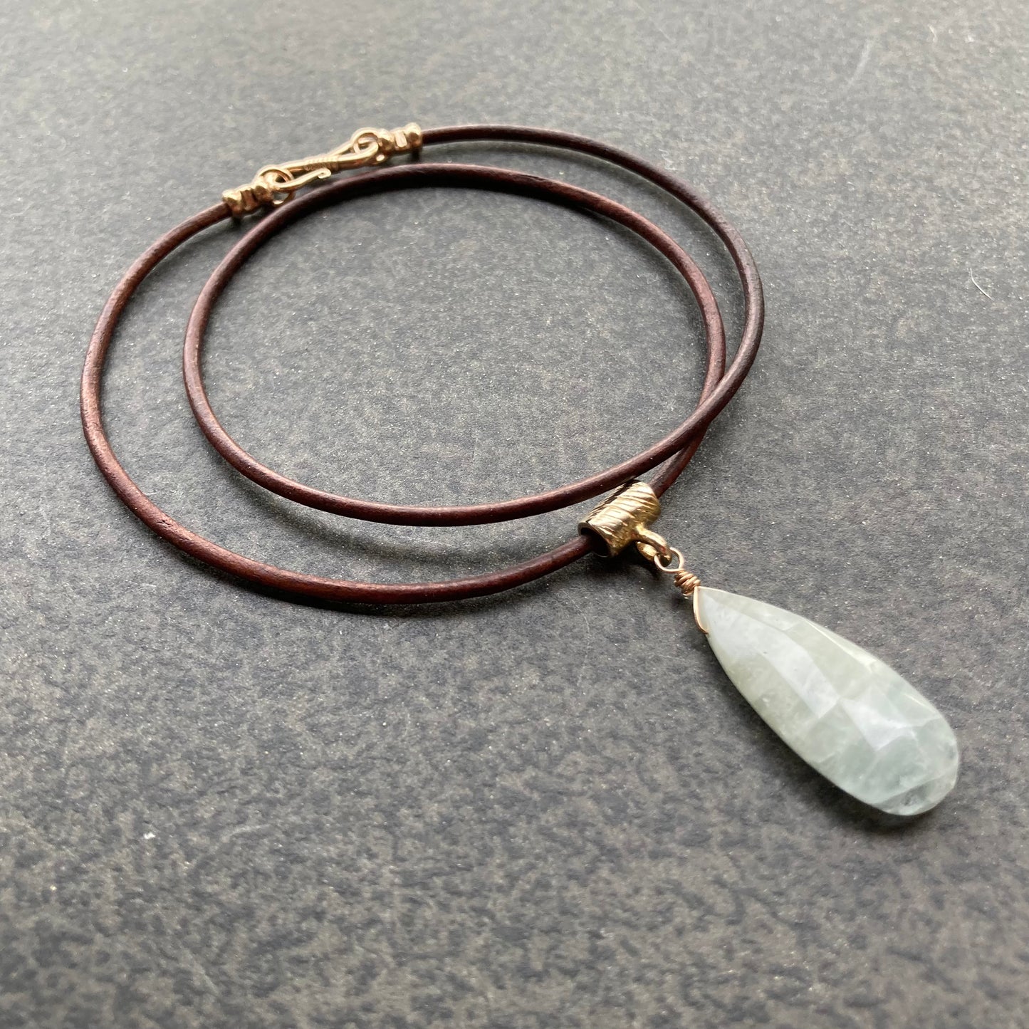 Milky Aquamarine & Bronze Leather Choker