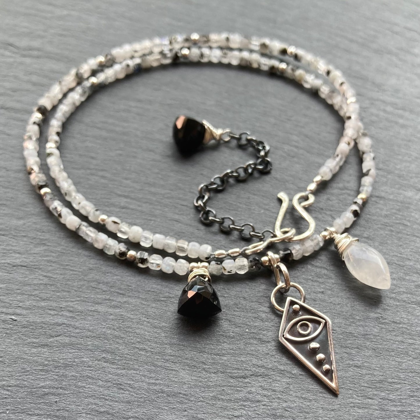 Tourmalinated Rainbow Moonstone & Sterling Silver All Seeing Eye Pendant Choker