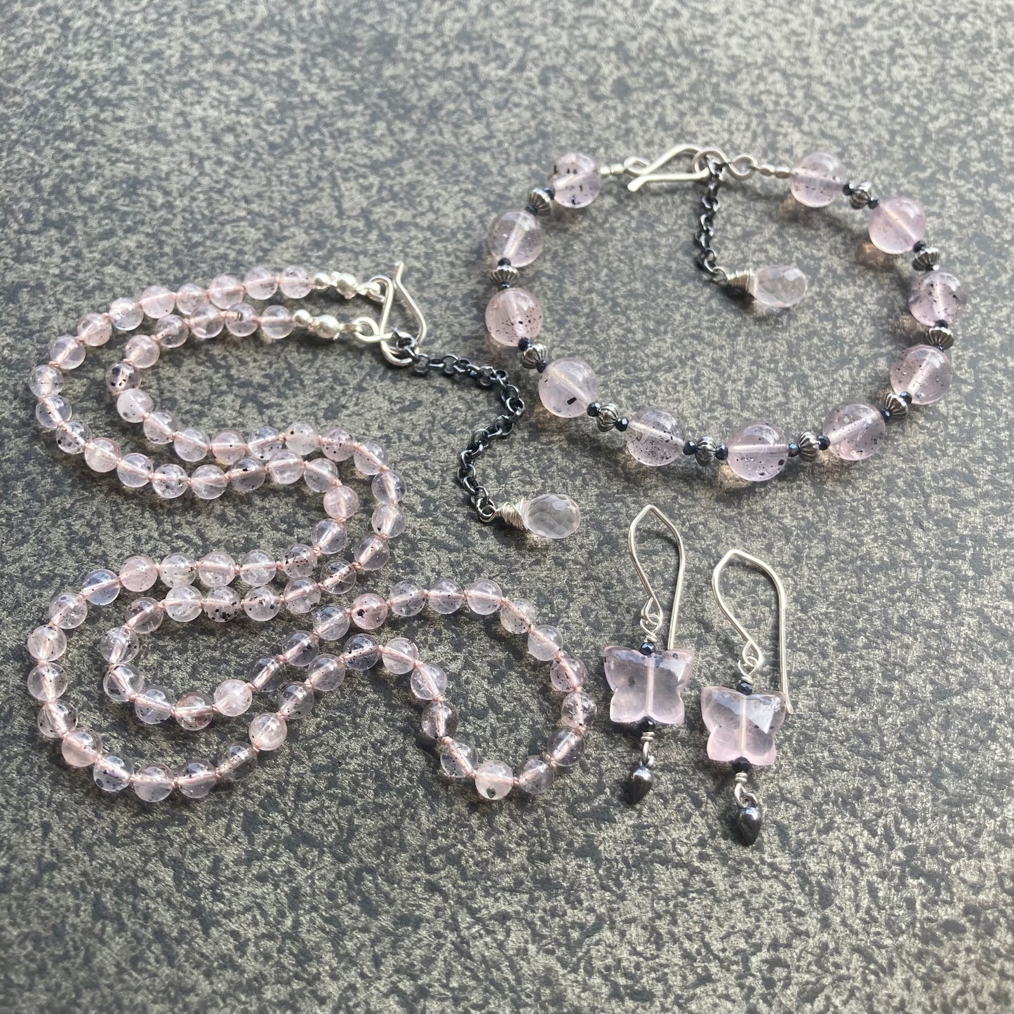 Hematite in Rose Quartz Hand Knotted Blush Silk Necklace