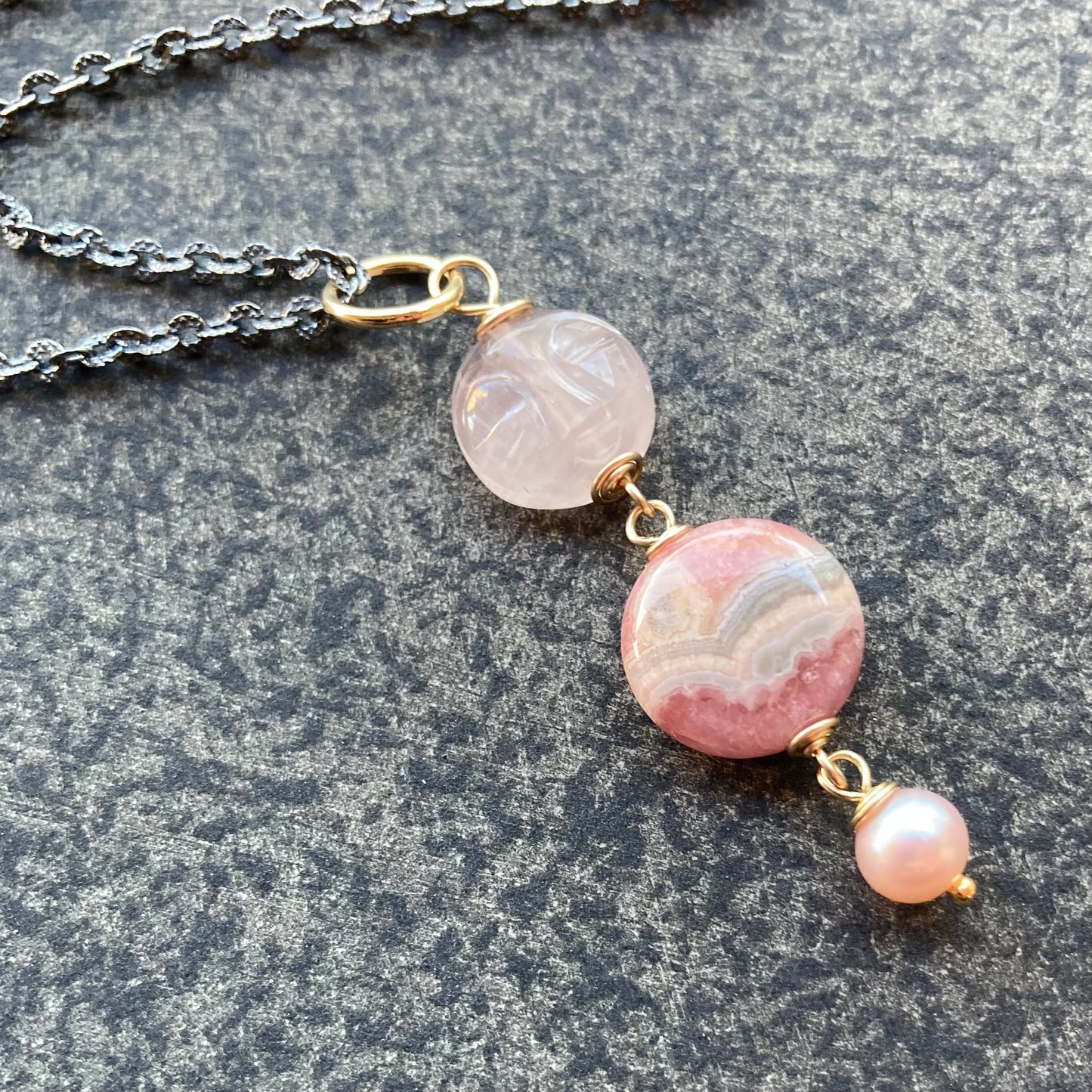 Rhodochrosite, Rose Quartz & Mixed Metal Pink Moon Rising Pendant Necklace