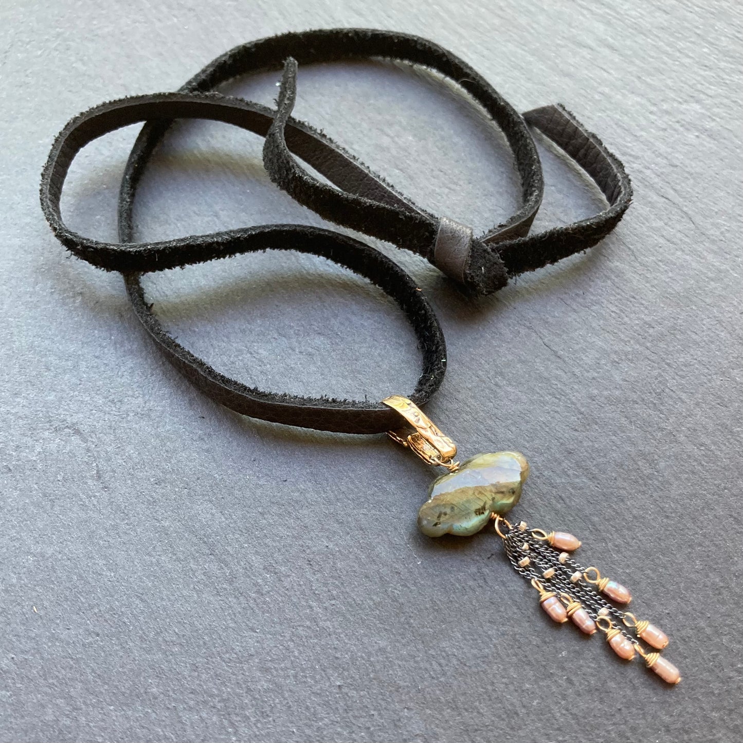Labradorite, Mauve Pearl & Mixed Metal Storm Deertan Leather Choker