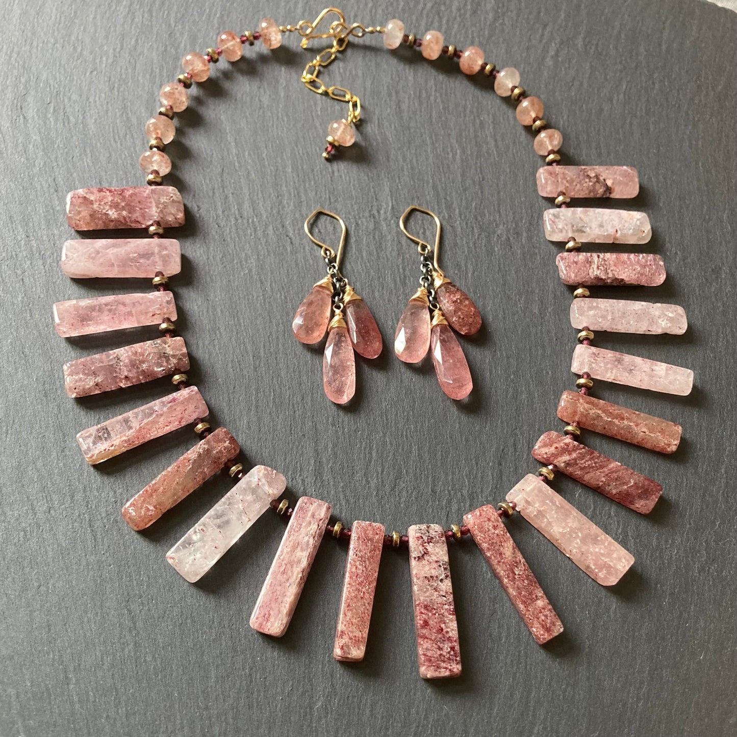Strawberry Quartz & Mixed Metal Cascade Earrings