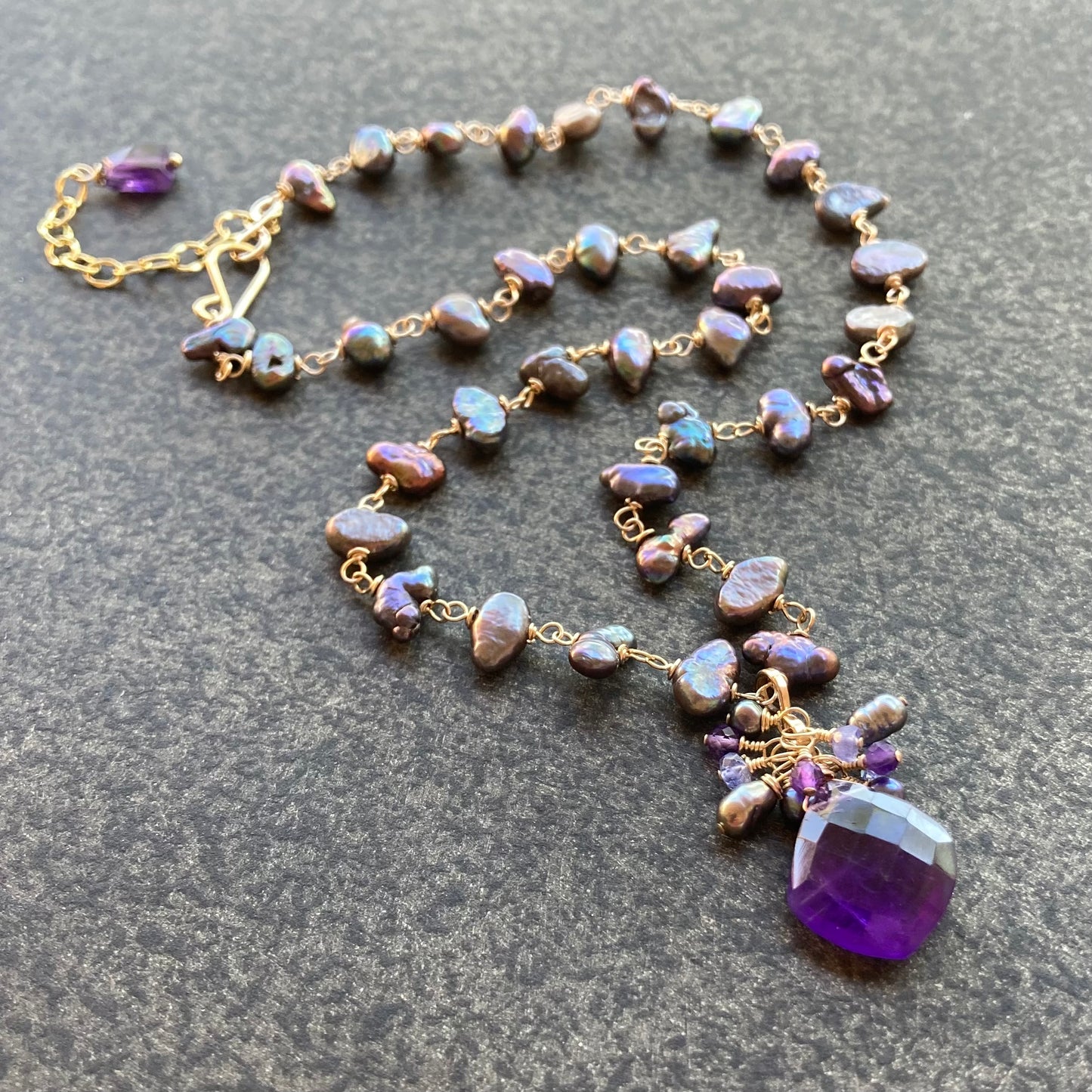 Amethyst, Freshwater Peacock Pearl & Gold Pendant Necklace