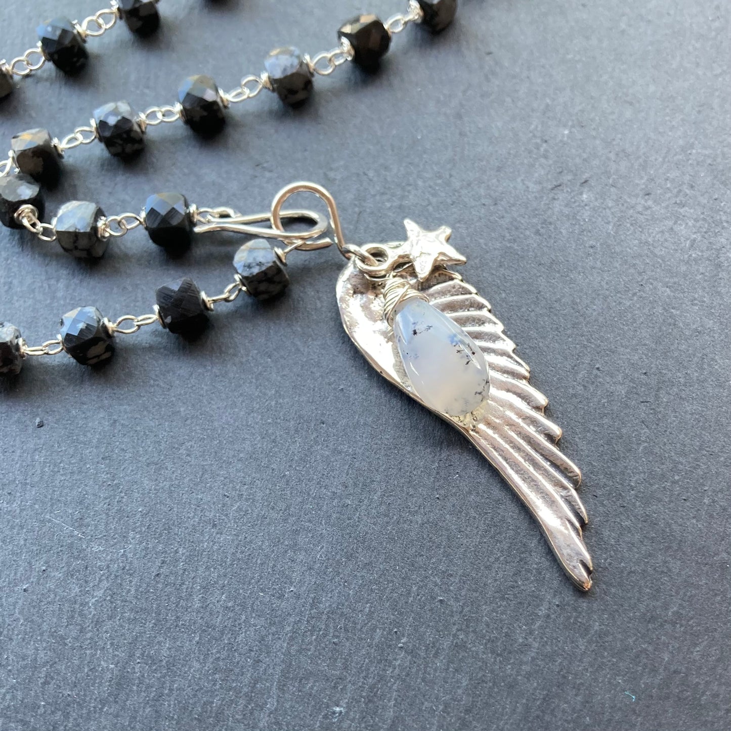 Snowflake Obsidian, Dendritic Opal & Sterling Silver Winged Goddess Necklace
