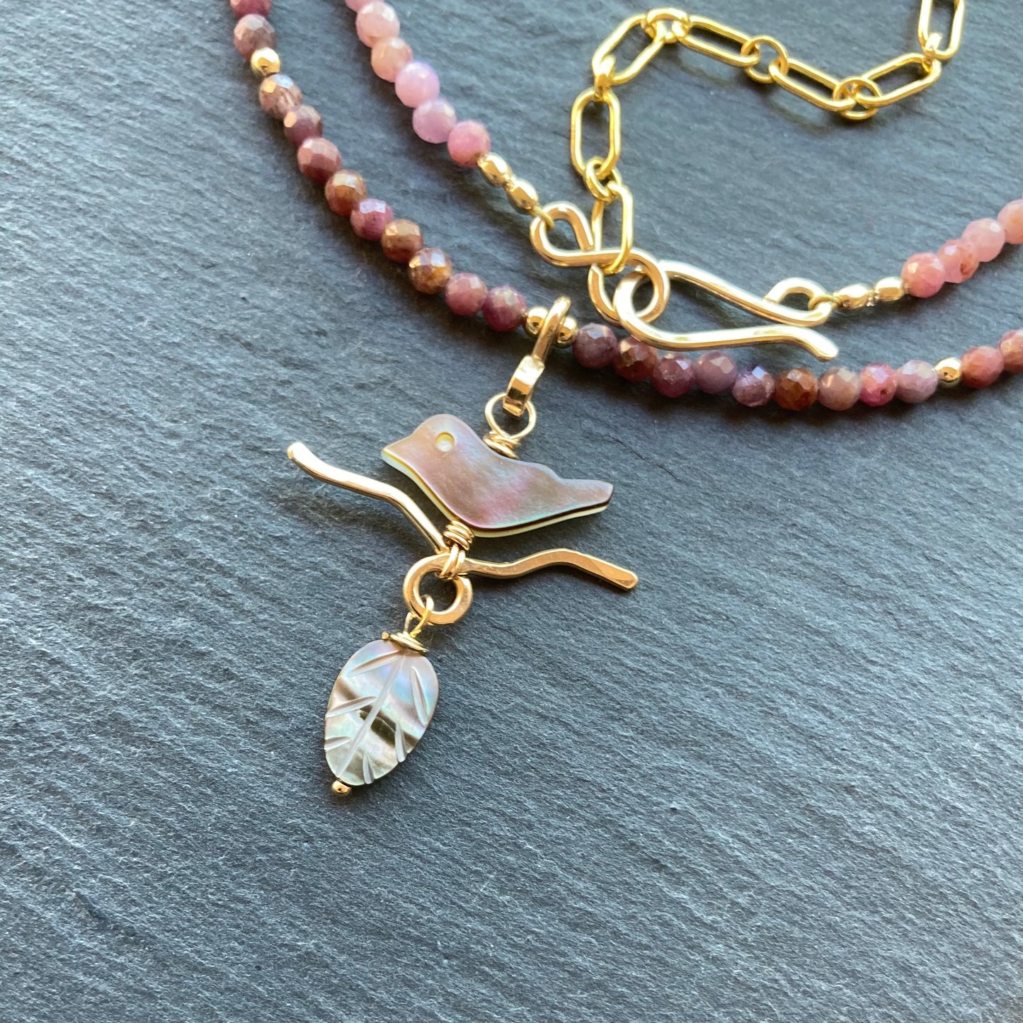 Black Mother of Pearl, Natural Ruby & Gold Autumn Branches Choker