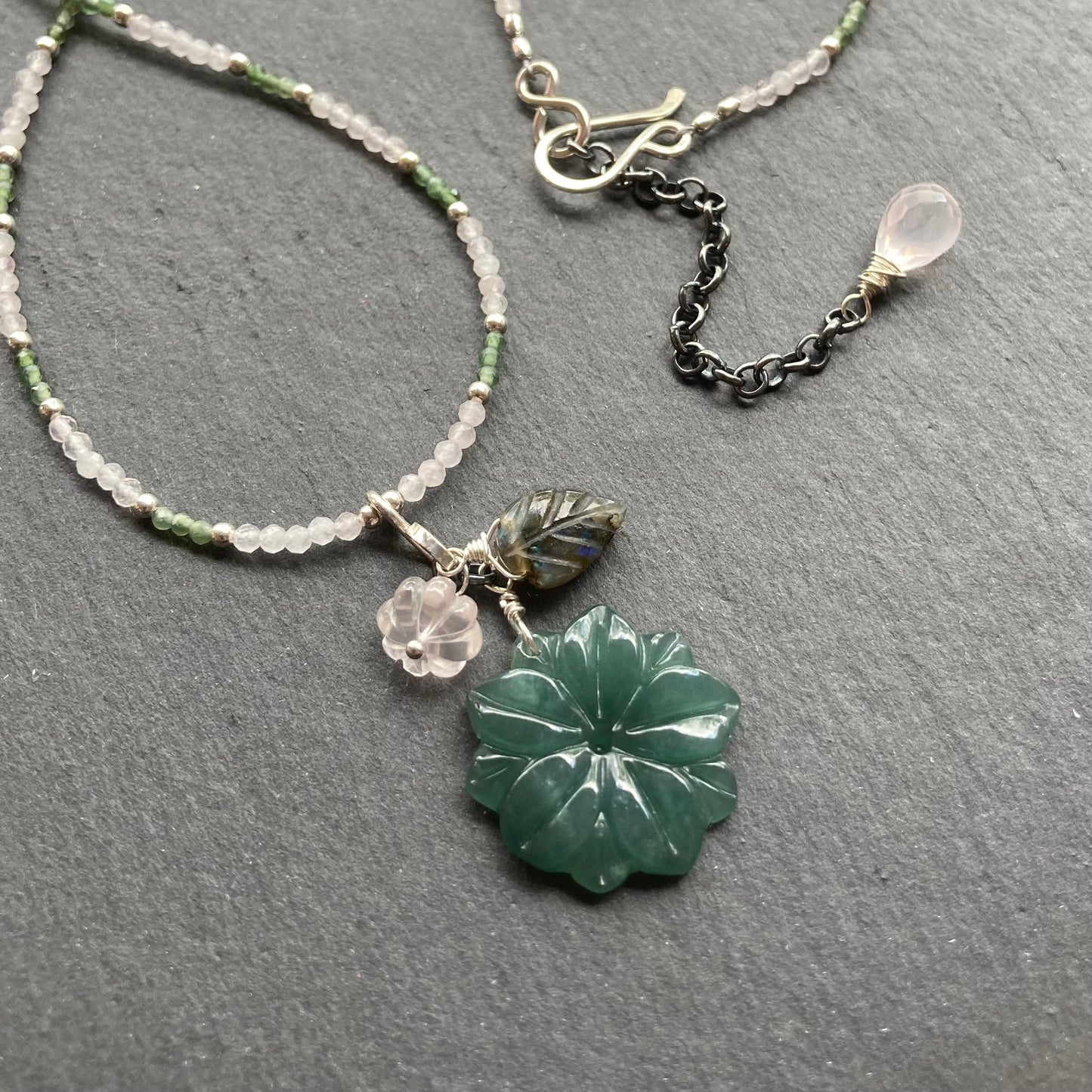 Rose Quartz, Sterling Silver & Guatemalan Jade Winter Succulent Necklace