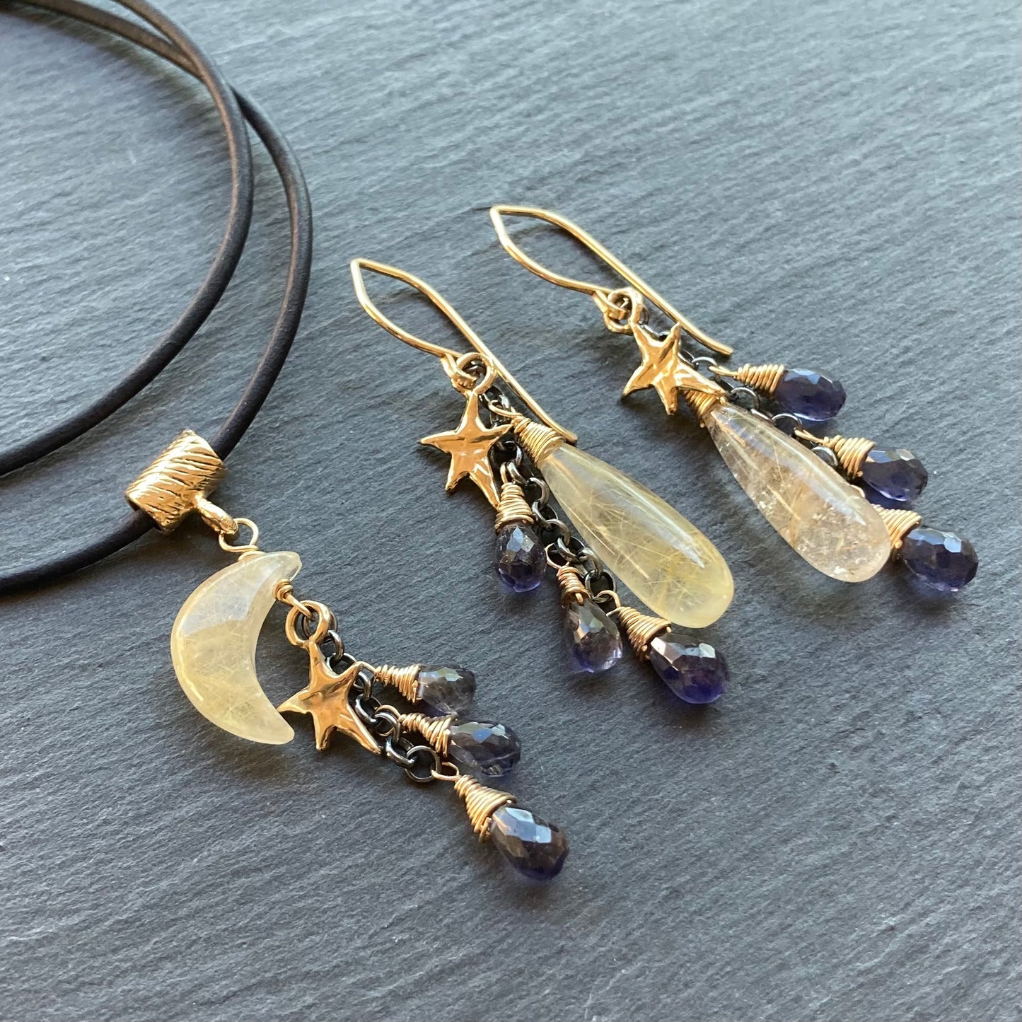 Golden Rutilated Quartz, Iolite & Mixed Metal Autumn Moon Leather Charm Choker