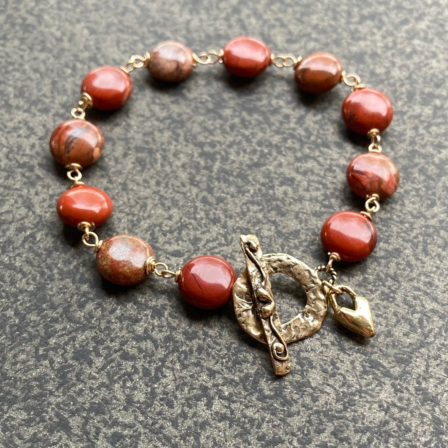 Apple Jasper, Gold & Bronze Heart Toggle Bracelet