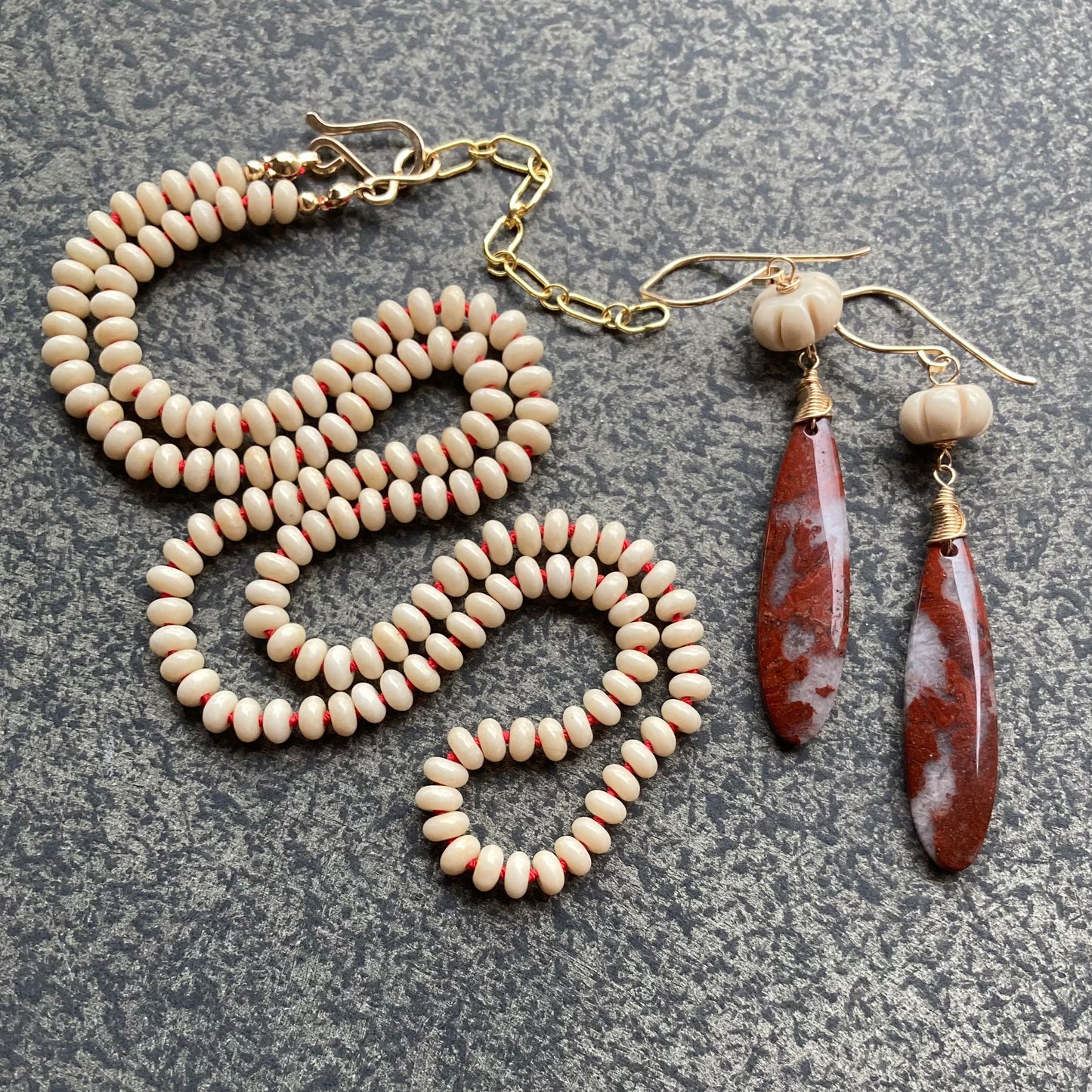 Fossil Jasper Hand Knotted Red Silk Necklace