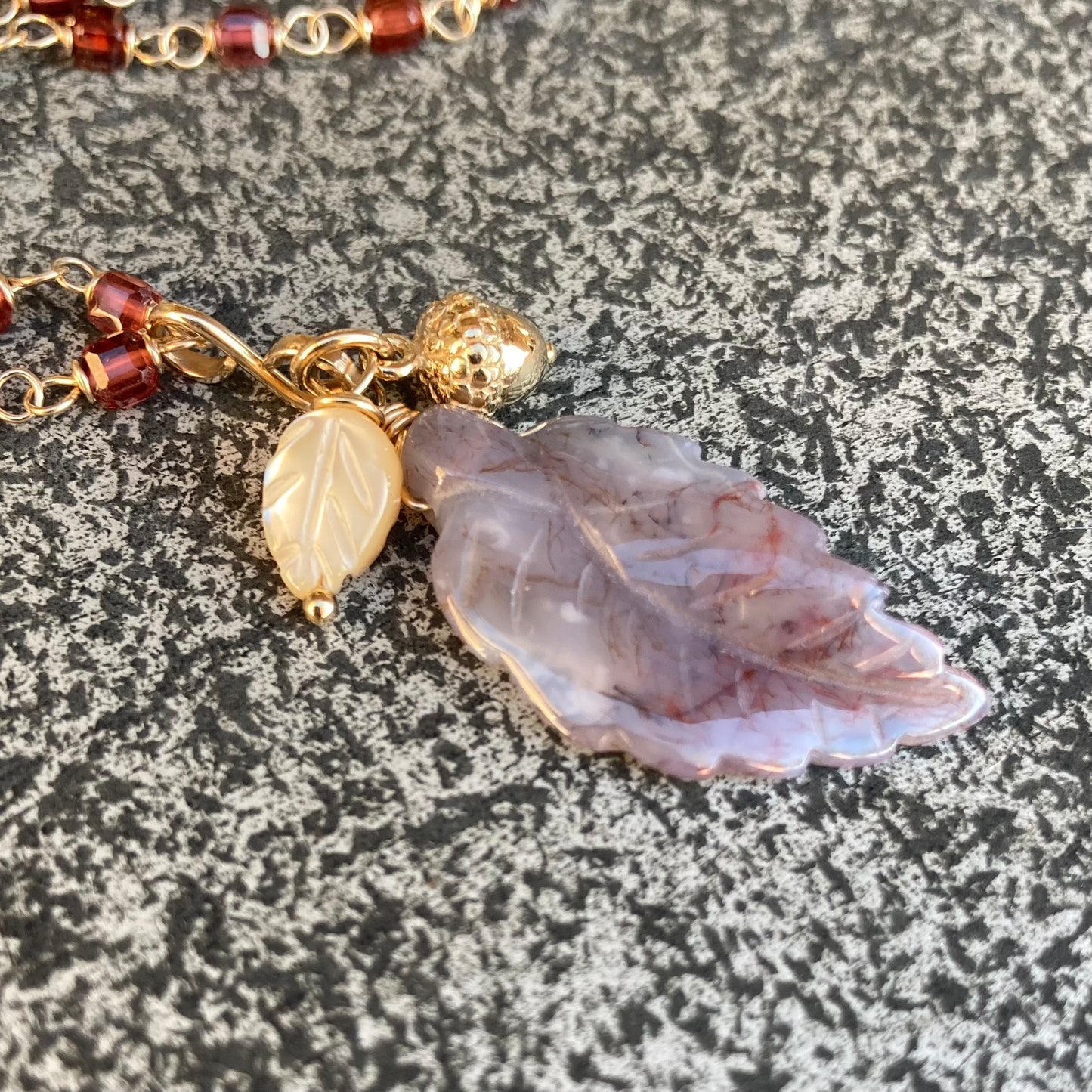 Malaya Garnet, Gold & Indian Agate Autumn Leaf Pendant Necklace
