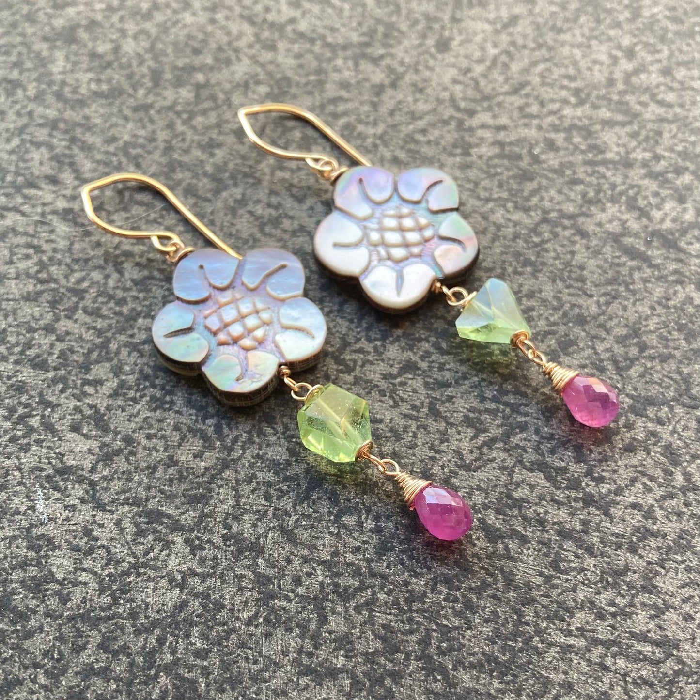 Black Mother of Pearl, Peridot, Ruby & Gold Cherry Blossom Earrings