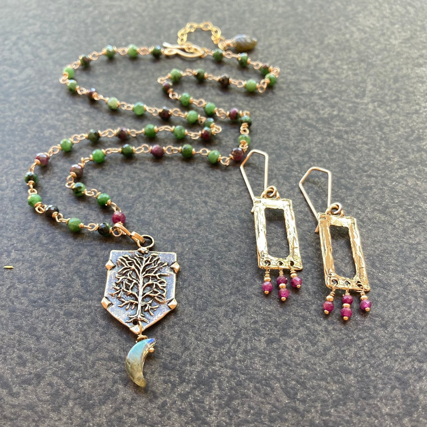 Natural Ruby, Gold & Bronze Fringe Rectangle Hoops