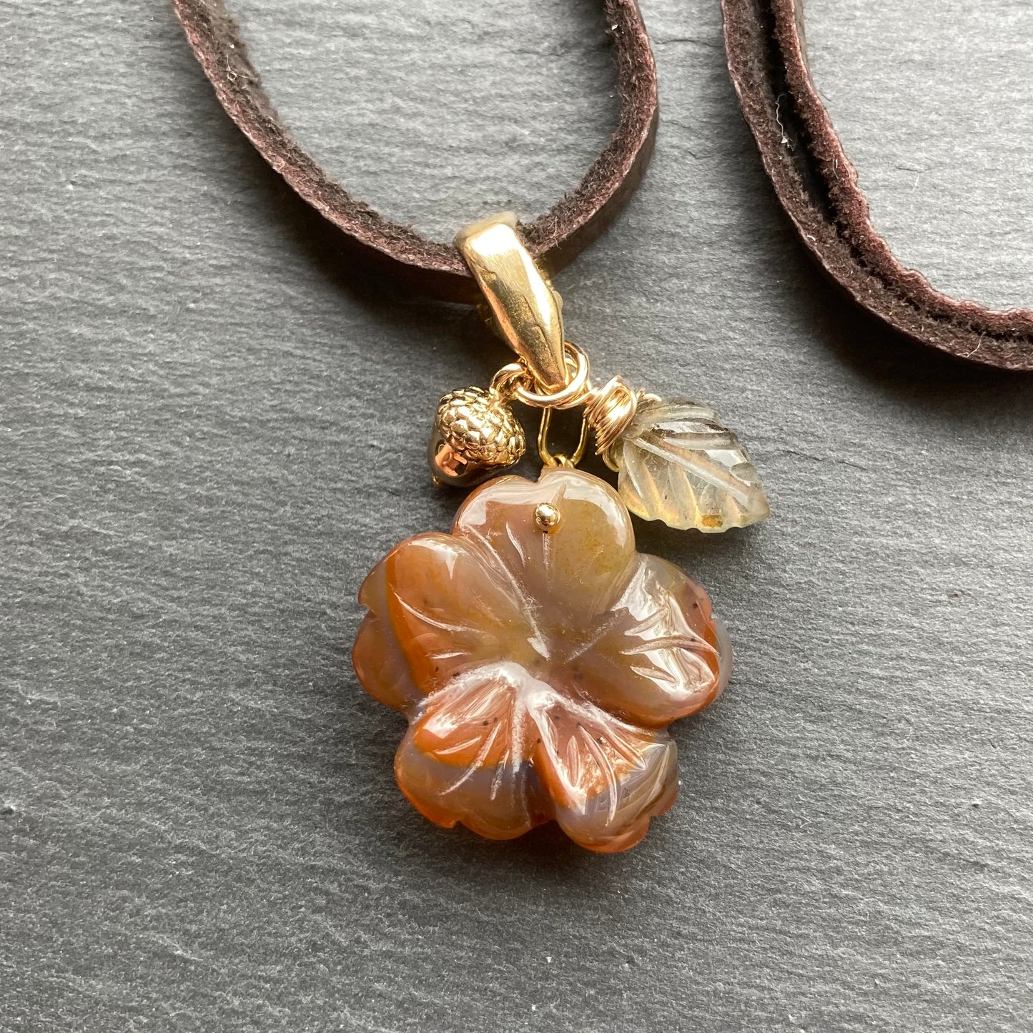 Carnelian & Bronze Autumn Bloom Deertan Leather Charm Choker