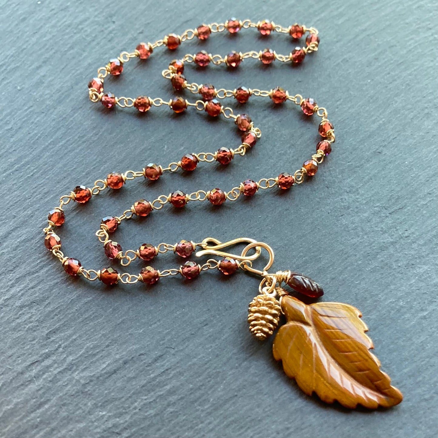 Malaya Garnet, Gold & Moroccan Agate Autumn Leaf Pendant Necklace