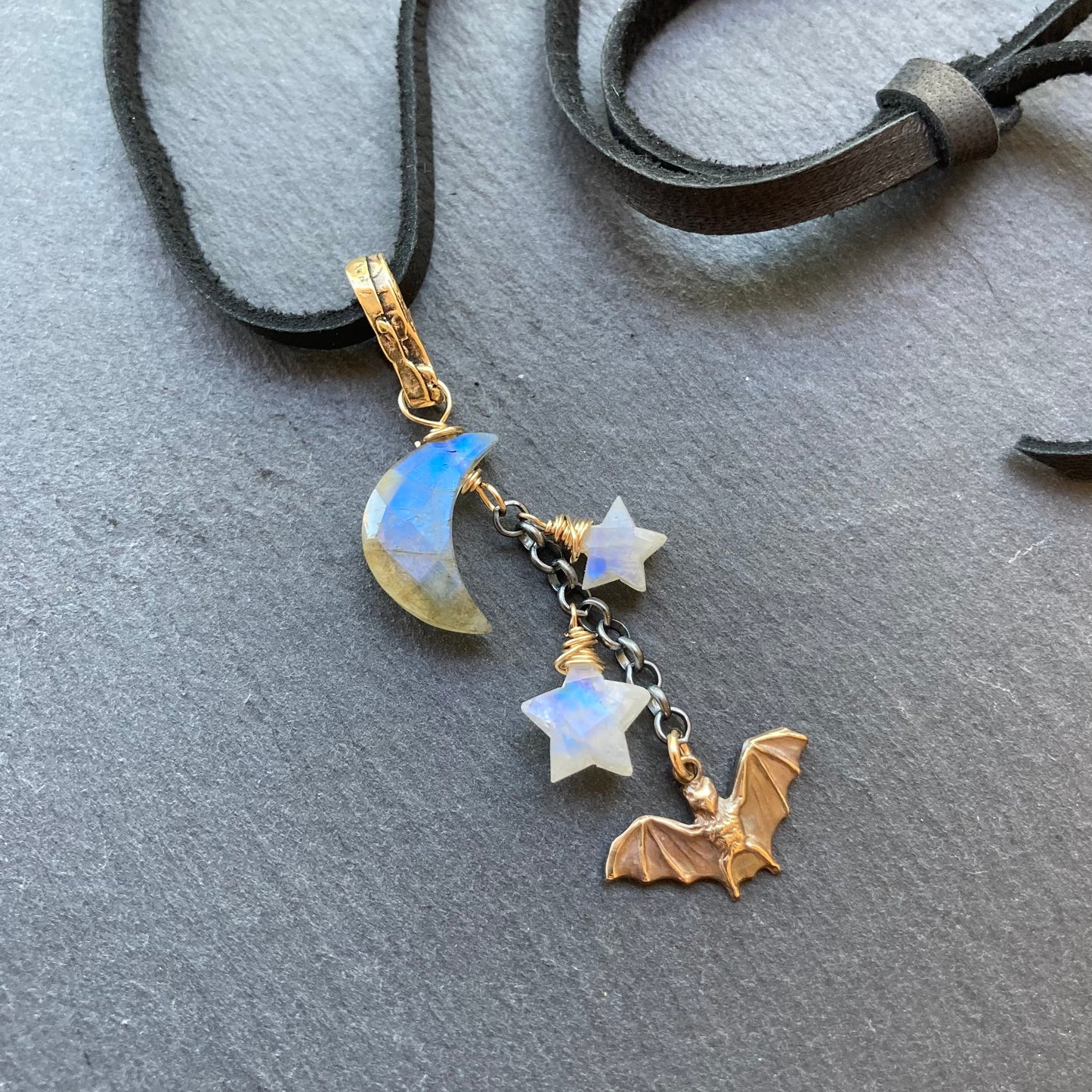 Labradorite, Rainbow Moonstone & Mixed Metal Bat Moon Deerskin Leather Choker