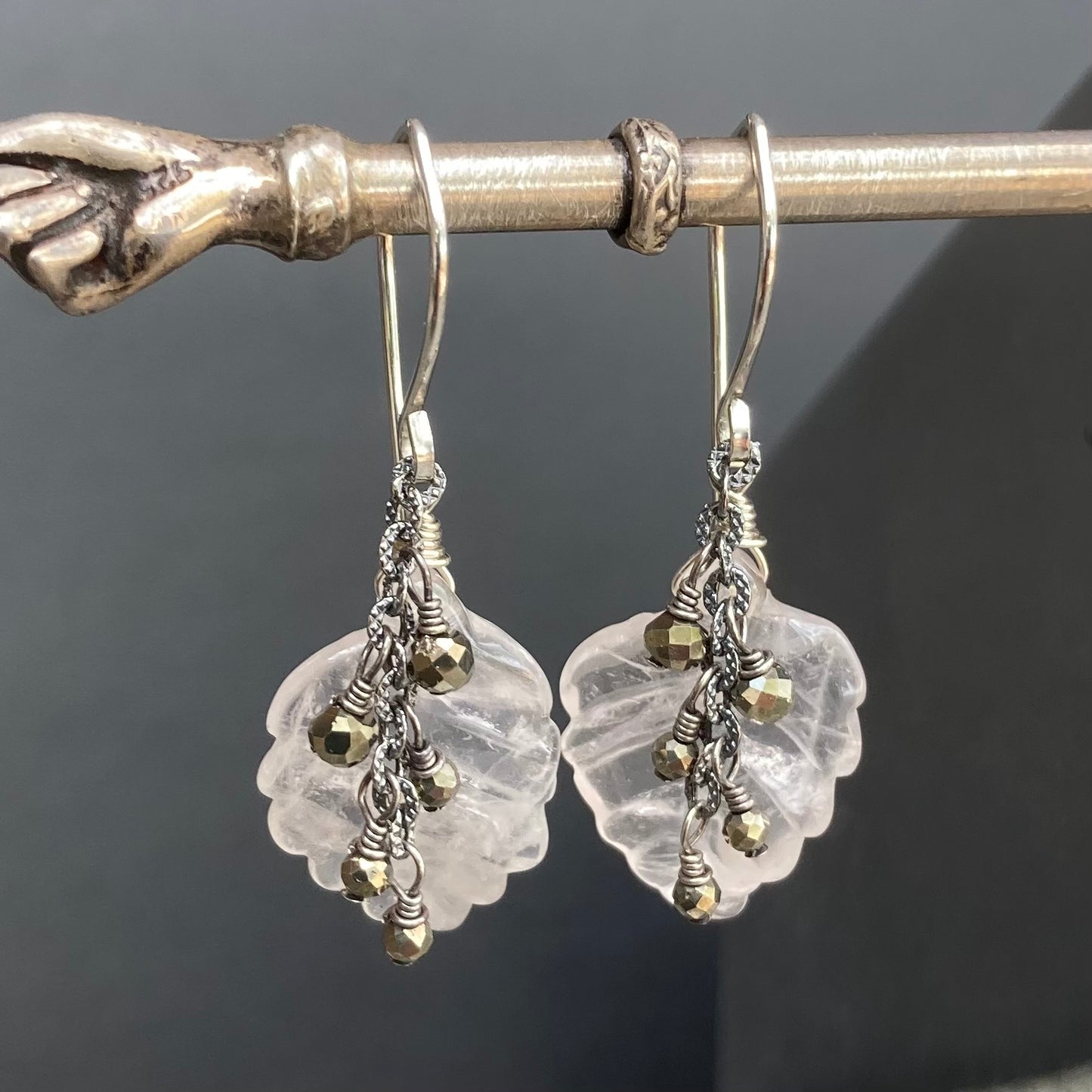 Rose Quartz, Pyrite & Sterling Silver Winter Leaf Earrings